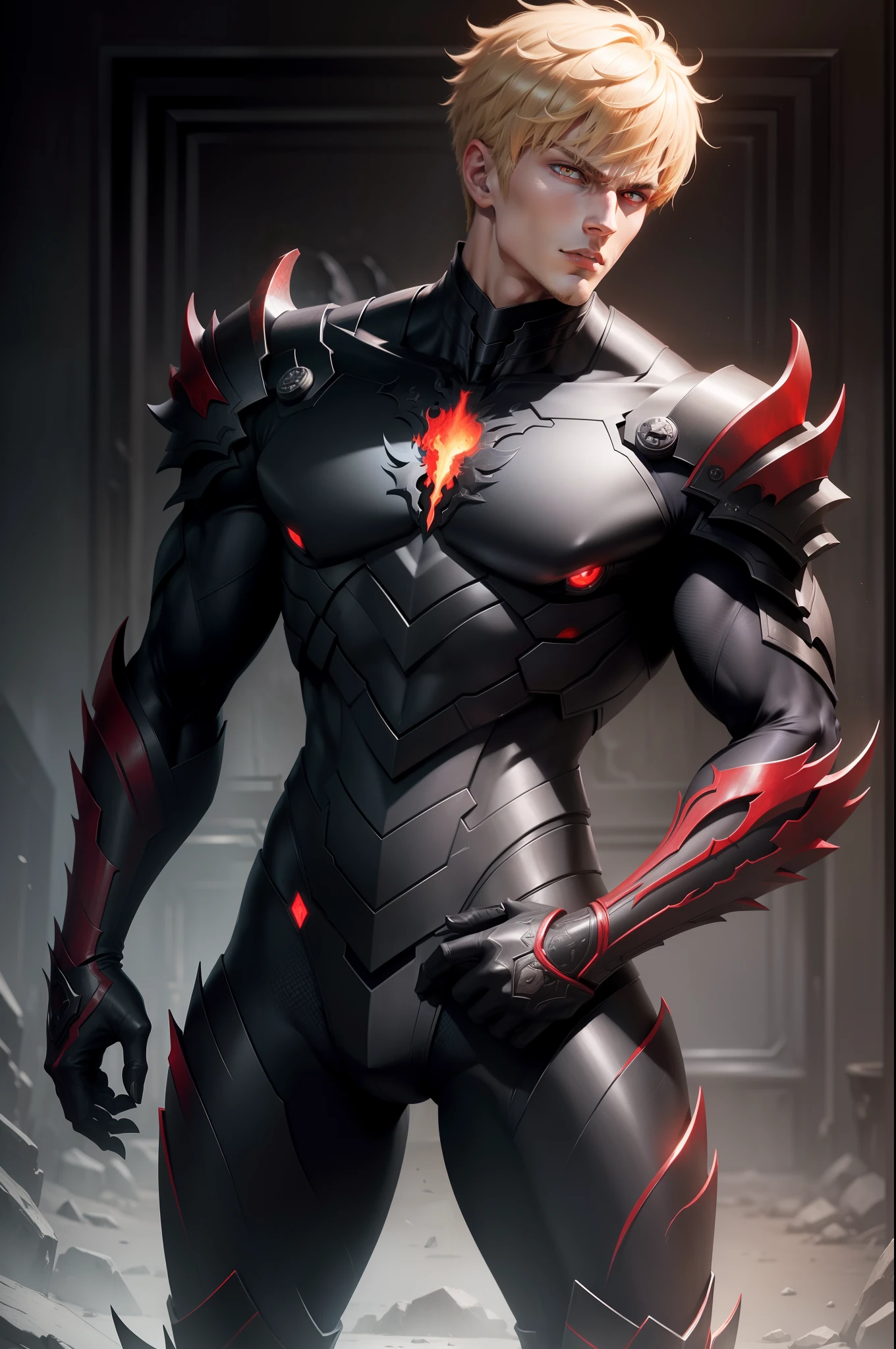Full body scene Genos handsome man handsome face blond hair, black fire reflective body, red eyes, alduin, darksiders style, darksiders art style, crazy guts, red sharp eyes, black alcalagon.