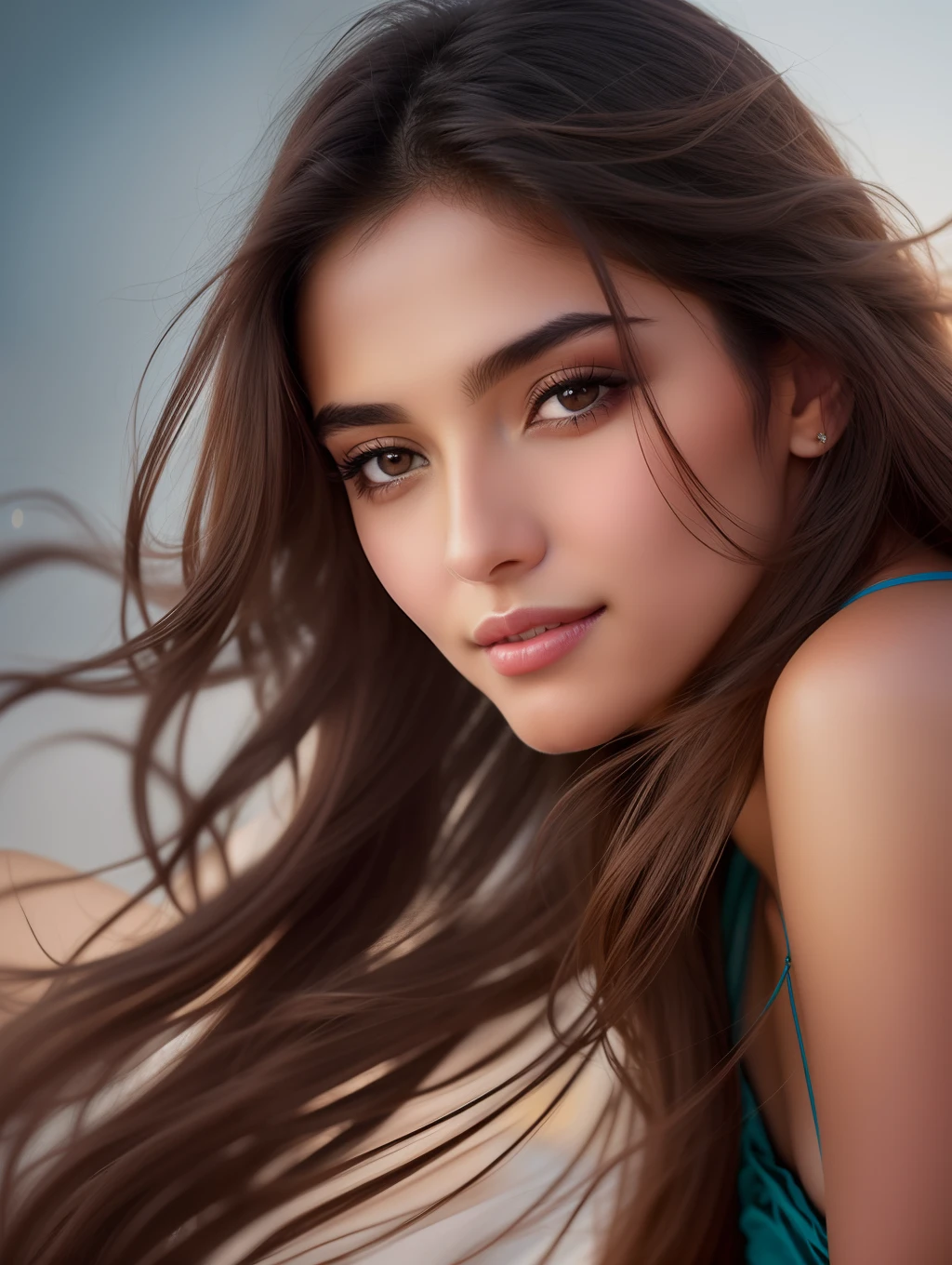 Cinematic soft lighting、Beautiful Middle Eastern supermodels with amazing detail and ultra-realism、White wall background、long messy windy brown hair、Clear honey eyes、Seductive perfect smile、Sensual and hot woman、Illuminate the gorgeous。Octane、It's the perfect tool to capture the softest details of this 16k photography masterpiece。