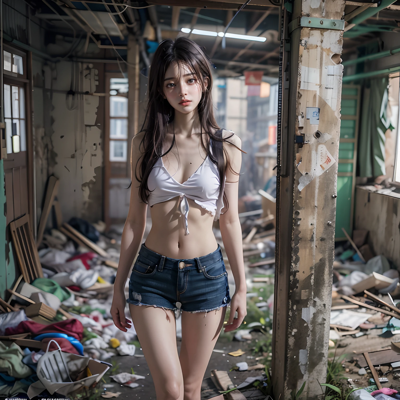 Highest image quality,best qualtiy,tmasterpiece,abandoned building,Garbage all over the ground 1.1,Dirty 1.1,18-year-old Korean beautiful girl,full-body portraits,Sexy standing pose,very beautiful long slim legs,The barefoot,NSFW,Smaller bust,As thin as a whipping post,Skinny,Bare all body1.1,Undressed,Random exposure of genitals,face to the viewer