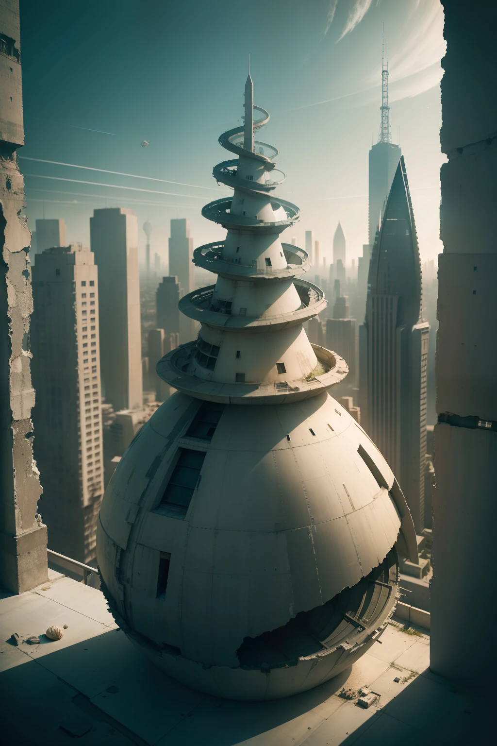 Concrete monuments，Narrow windows，Paint off，The shell is broken，Realistic details，Bigger than the city，Spiral bizarre super cinematic texture，No man's environment，Space station style，Old photos，grain sense，The outlook is blurred