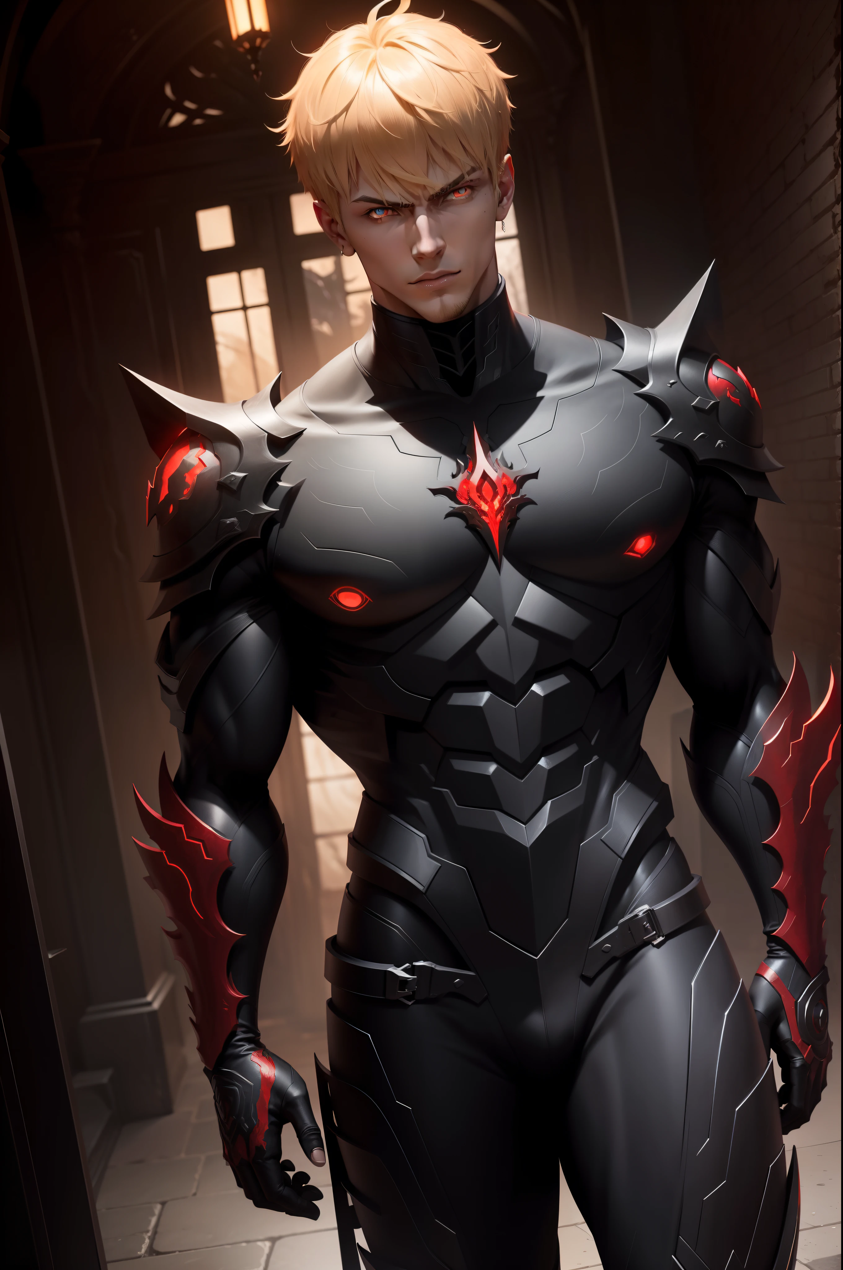 Full body scene Genos handsome man handsome face blond hair, black fire reflective body, red eyes, alduin, darksiders style, darksiders art style, crazy guts, red sharp eyes, black alcalagon.