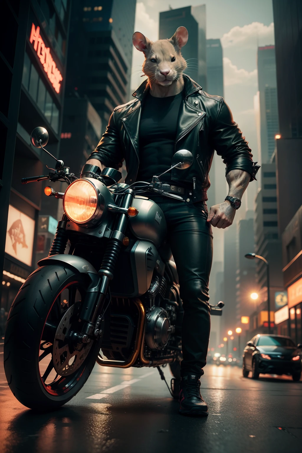 gangster, human-body, muscle, rat-face, skyscrapers, neon-blinking, motorbike-behind, cool