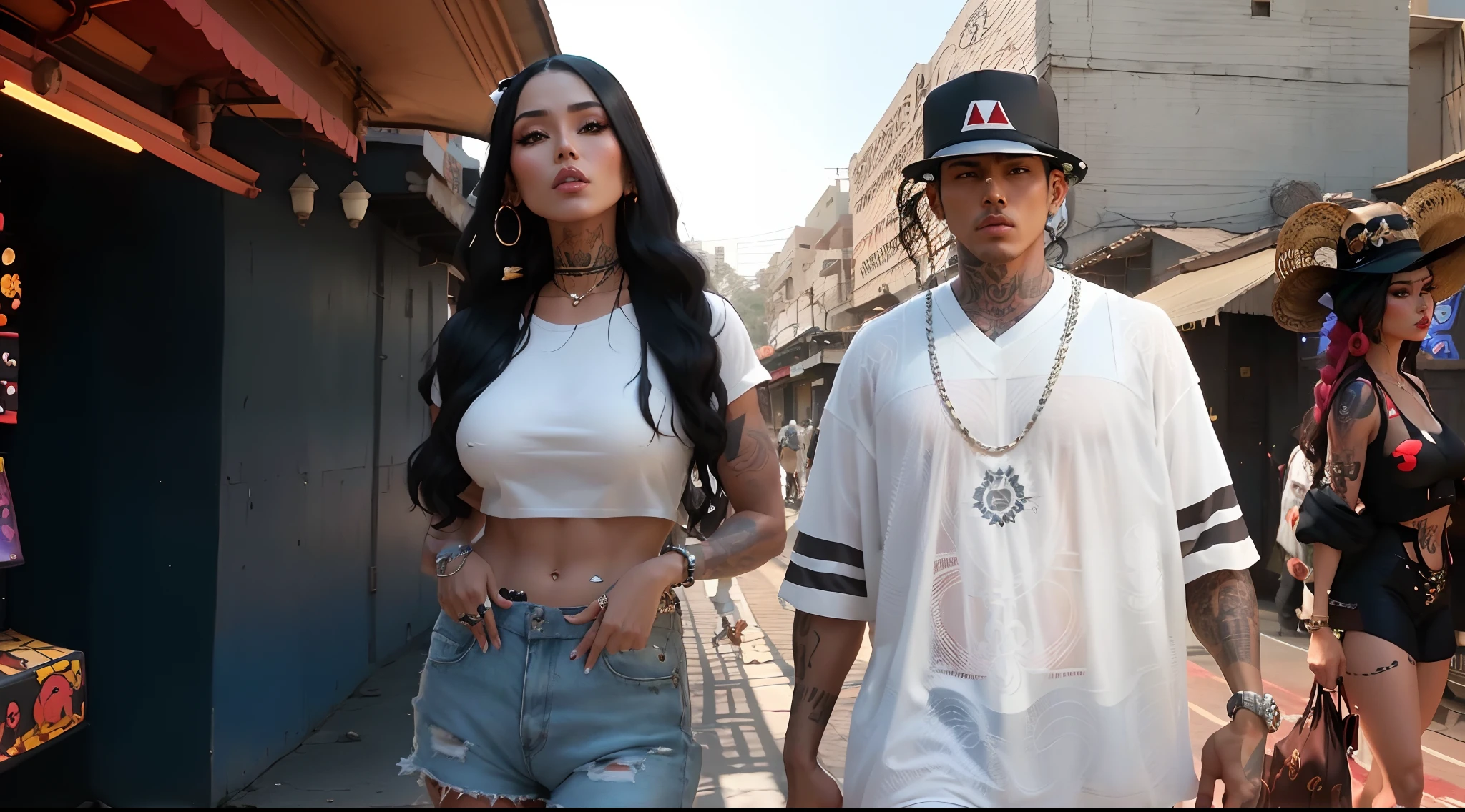 araffe and a woman walking down a street with a man in a hat, official music video, music video, modeling for dulce and gabanna, shady, wearing shipibo tattoos, tyler edlin and natasha tan, standing in front of lowrider, latinas, video, jordan grimmer and natasha tan, youtube video screenshot, nostalgic 8k