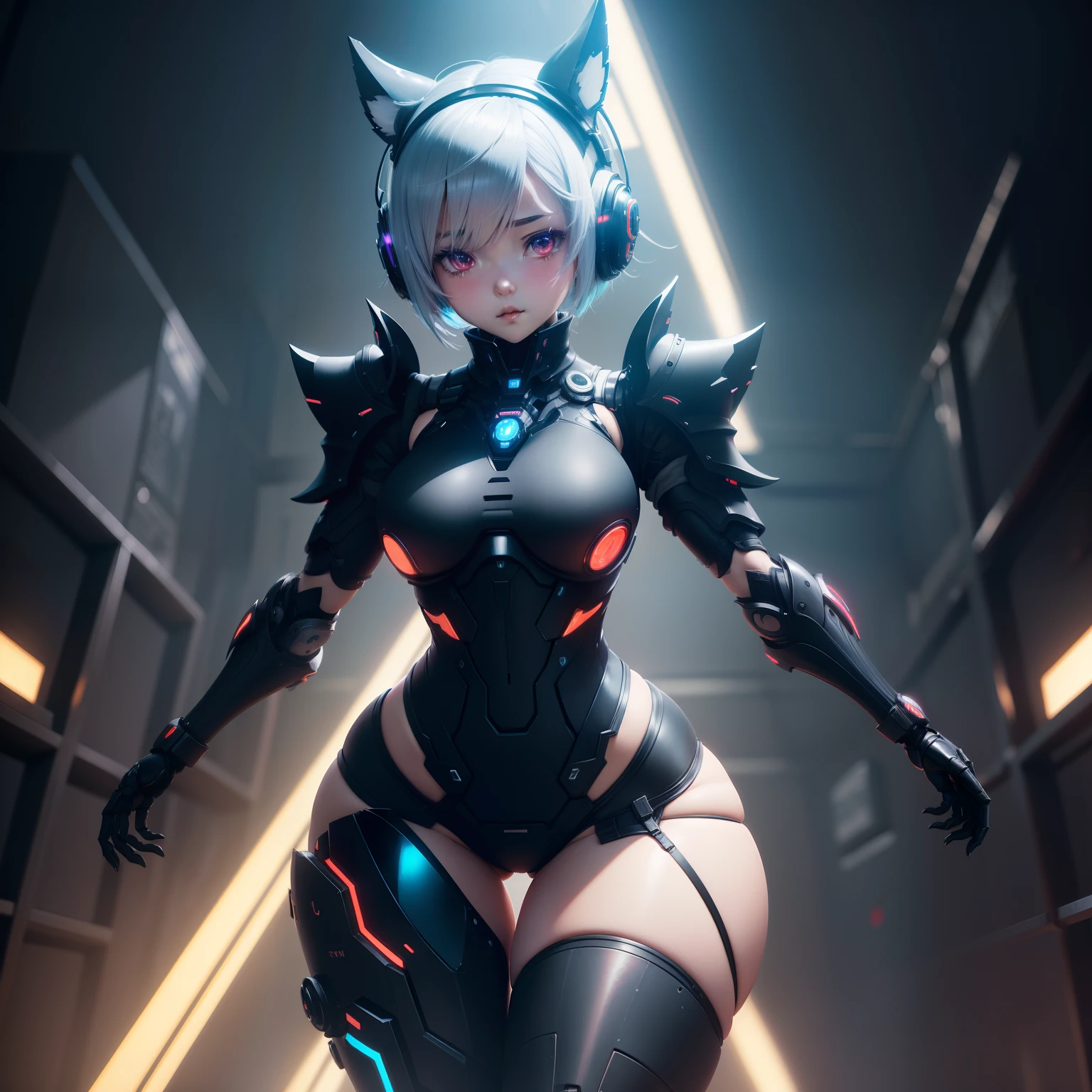 Anime characters standing in dark room with black background, 2b, 2 b, Biomechanical OPPAI, an oppai cyberpunk, Rem Rezero, Loli, gynoid body, SFW version, thicc, thick smooth warframe thighs, small curvaceous loli, frostbite 3 rendered, lewd poses, the anime girl is crouching