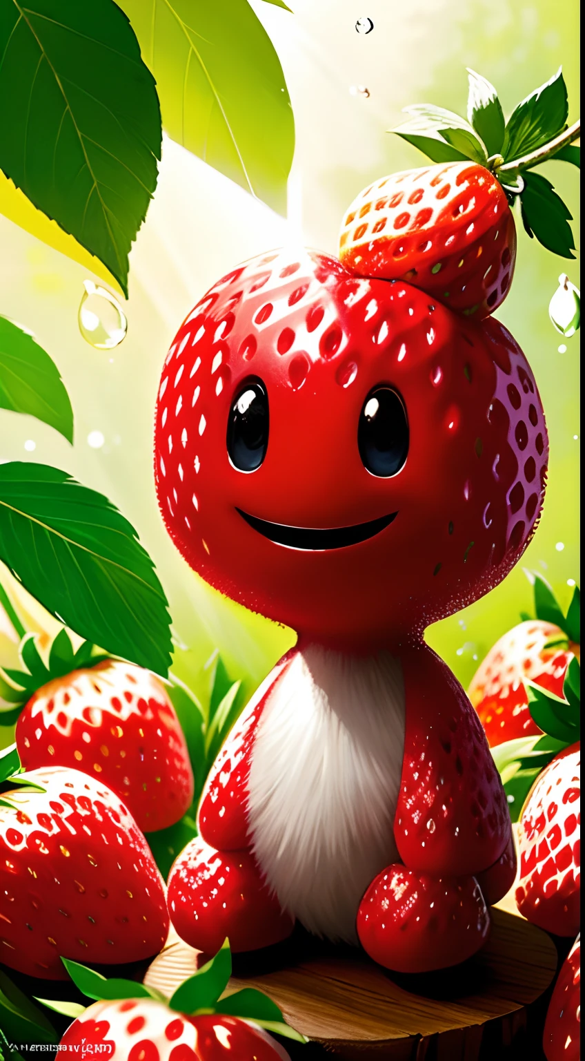 ((masterpiece:1.3,concept art,best quality)),very cute appealing anthropomorphic strawberry,looking at the viewer,big grin,happy,fruit,berry,droplets,macro,sunlight,fantasy art,dynamic composition,dramatic lighting,epic realistic,award winning illustration,