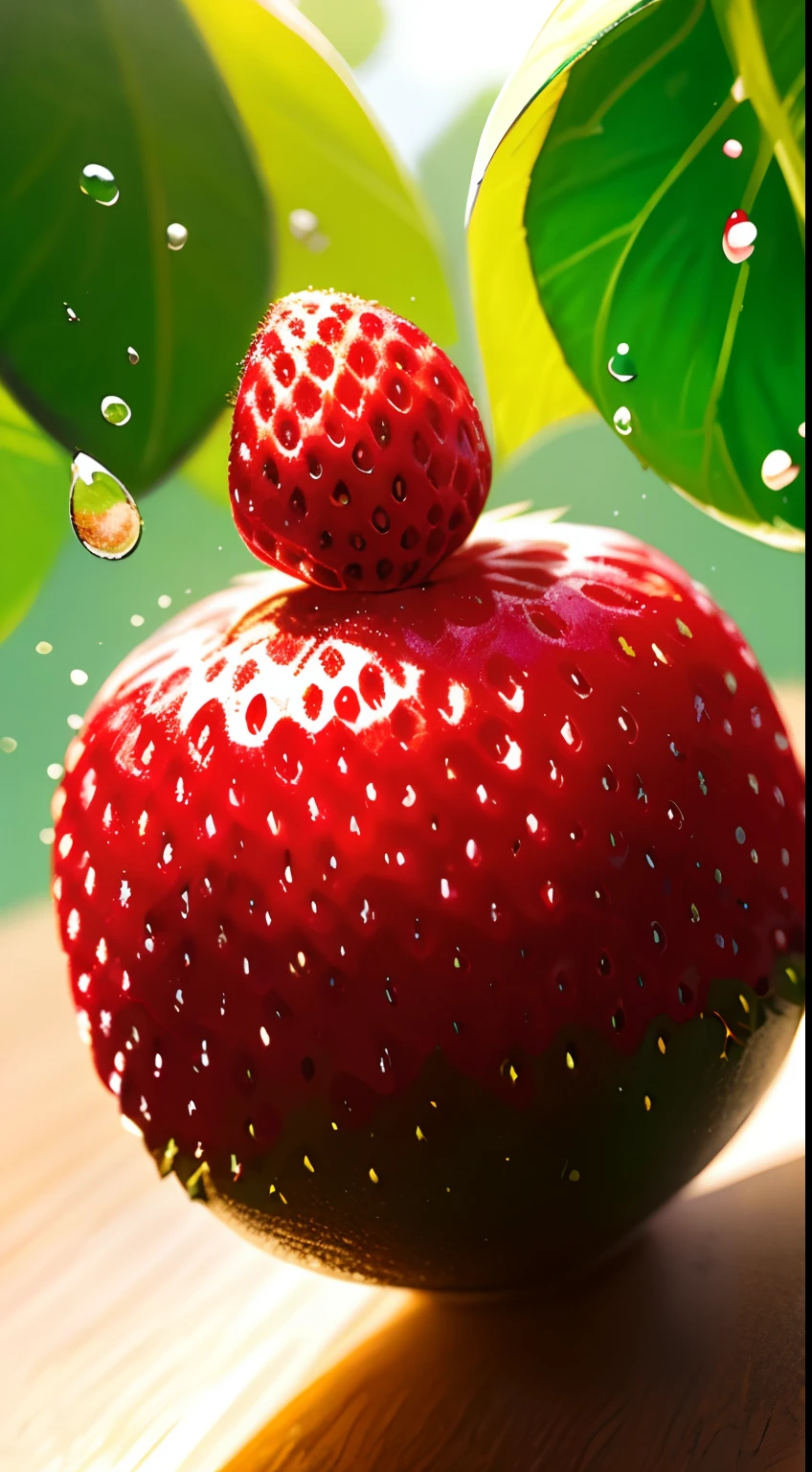 ((masterpiece:1.3,concept art,best quality)),very cute appealing anthropomorphic strawberry,looking at the viewer,big grin,happy,fruit,berry,droplets,macro,sunlight,fantasy art,dynamic composition,dramatic lighting,epic realistic,award winning illustration,