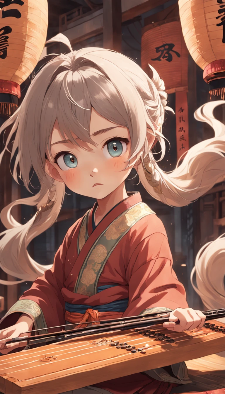 corpo inteiroesbian, muito jovem sentada no tapete jogando guzheng,Oriental Face,with very detailed facial features and cartoon-style visuals。
