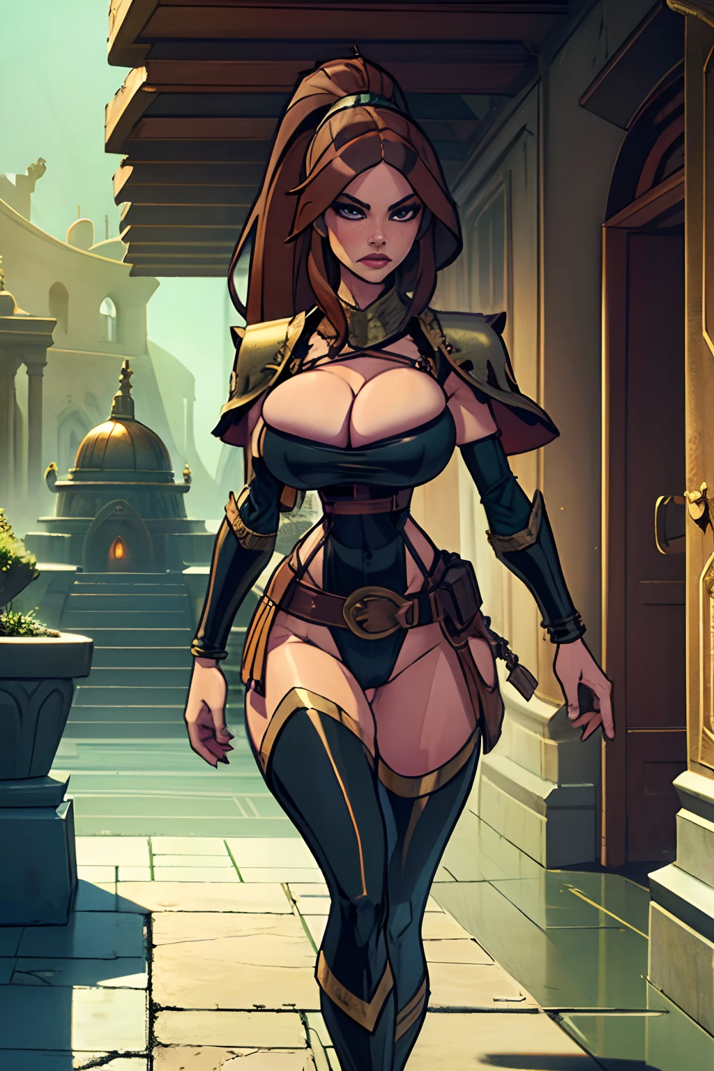 (masterpiece, top quality, best quality, official art, beautiful and aesthetic:1.2), (1girl:1.3), dark brown hair in a huge ponytail, extremely detailed, portrait, looking at viewer, solo, (full body:0.6), detailed background, close up, (hot summer coliseum theme:1.1), human gladiatrix, charlatan, mysterious, walking in forest, revealing bronze gladiator armor, spear and shield, metal bikini, topless, tits out, brown leather, cowl, cloak, bracers, armor, gauntlets, helmet, facemask, long boots, buckles, straps, light grey fabric, brown leather, gigantic breasts, cleavage, skindentation, slim waist, slim hips, long legs, medieval (coliseum arena exterior:1.1) background, dark mysterious lighting, shadows, magical atmosphere, dutch angle, (((balsamique)))