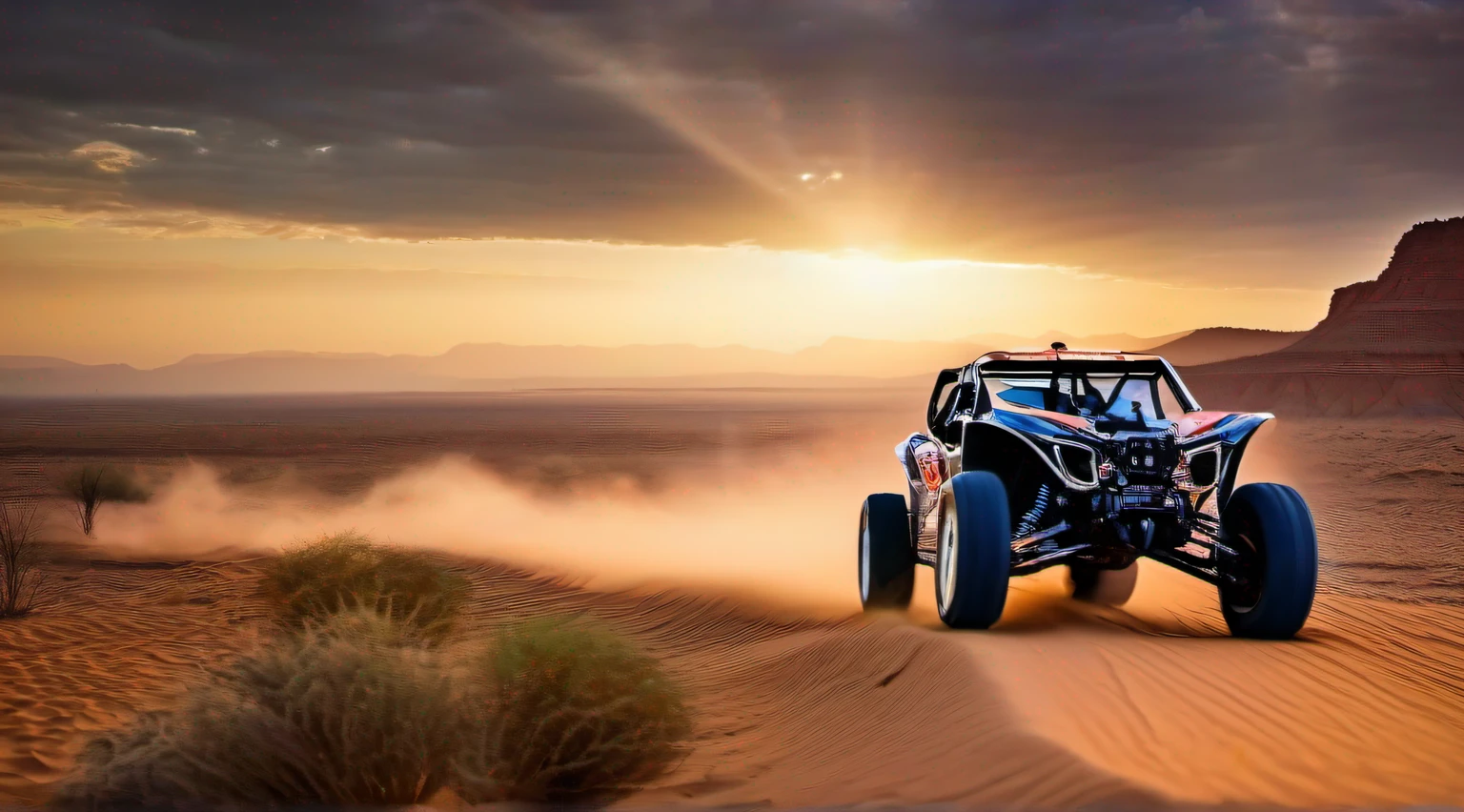 Life in the desert also has its own rhythm，Exotic flora and fauna come to life in this desolate land，They have adapted to extreme conditions，Become a guardian and miracle in the desert。A desert buggy is moving through，Trails，bird's eyes view，in a panoramic view