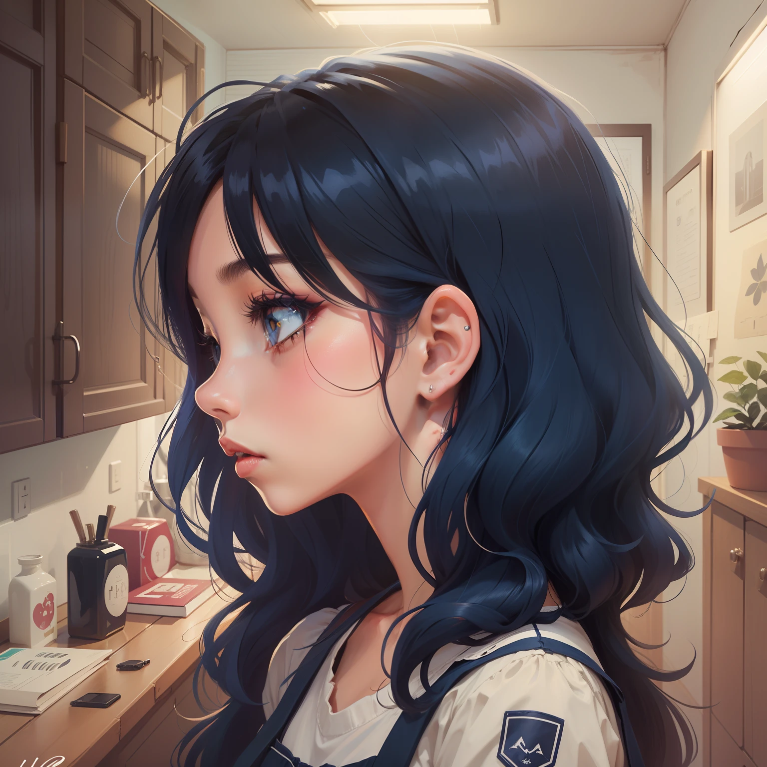 profile、Dark blue motif、Hair to the shoulders、Hair color is a gradation of black and dark blue、Plain white background、Pretty Woman