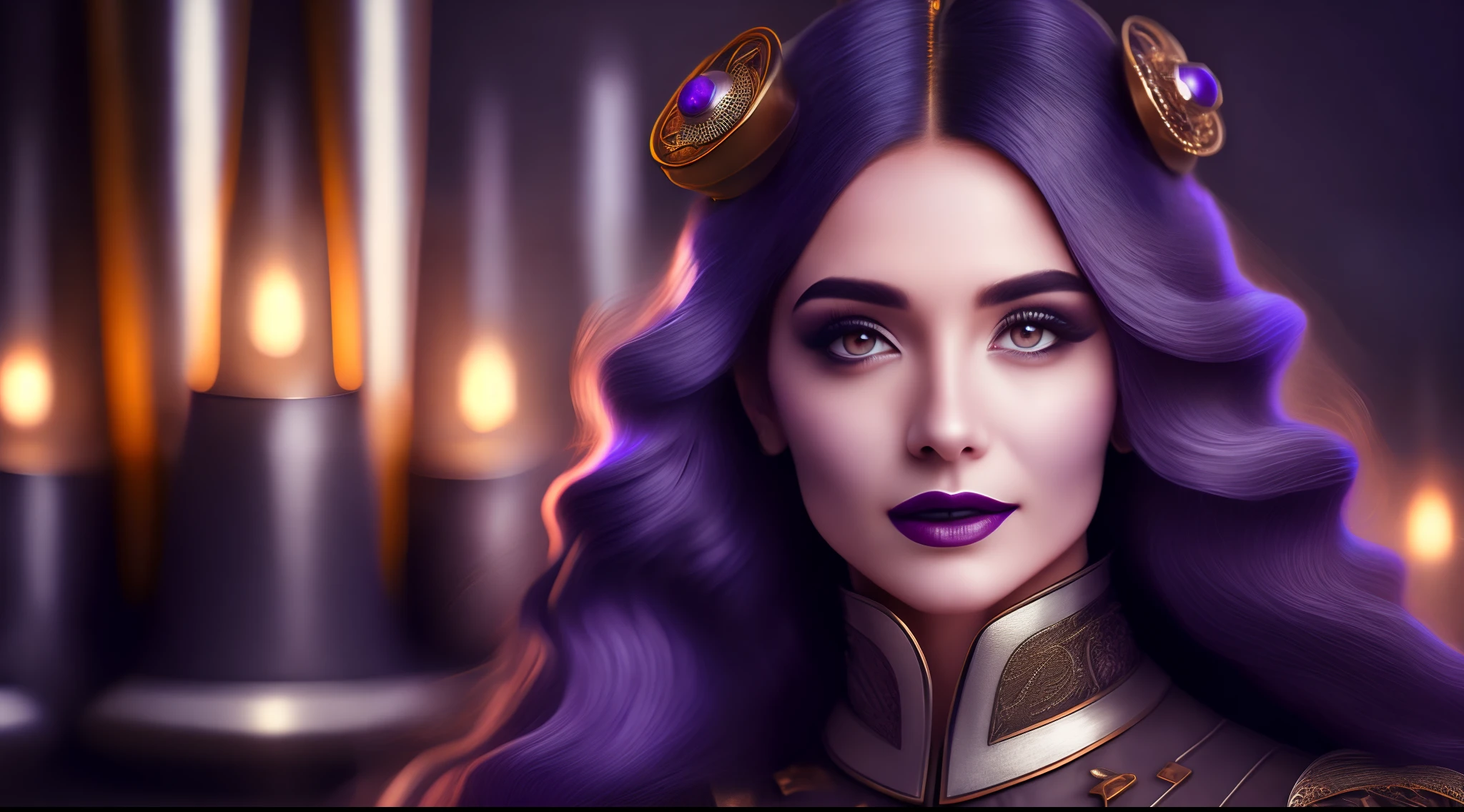 (highly detailed photo:1.1), 8k, photorealistic, insanely detailed:1.5), (highest quality)Surrealist steampunk Goddess of Industry. Beautiful young woman with intelligent expression and a grin on her face, light make-up, long wavy dark purple hair, dark grey eyes, dress made with gears and metallic pieces in bronze, silver and black, silver boots. Industrial background. Realistic ray traicing.