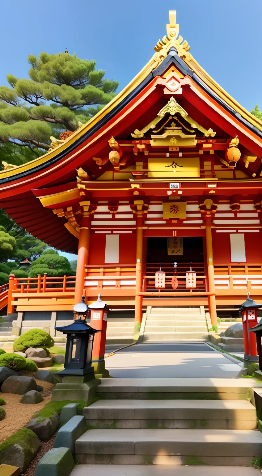 Close-up of a red and yellow building and the stairs leading to it, japanese temples, japanese temples, Shrine of Japan, kyoto inspired, ancient japanese architecture, japanese heritage, japanese architecture, inspired by Sesshū Tōyō, traditional japanese, kyoto, inspired by Itō Jakuchū, shrines, traditional japanese colors, temple