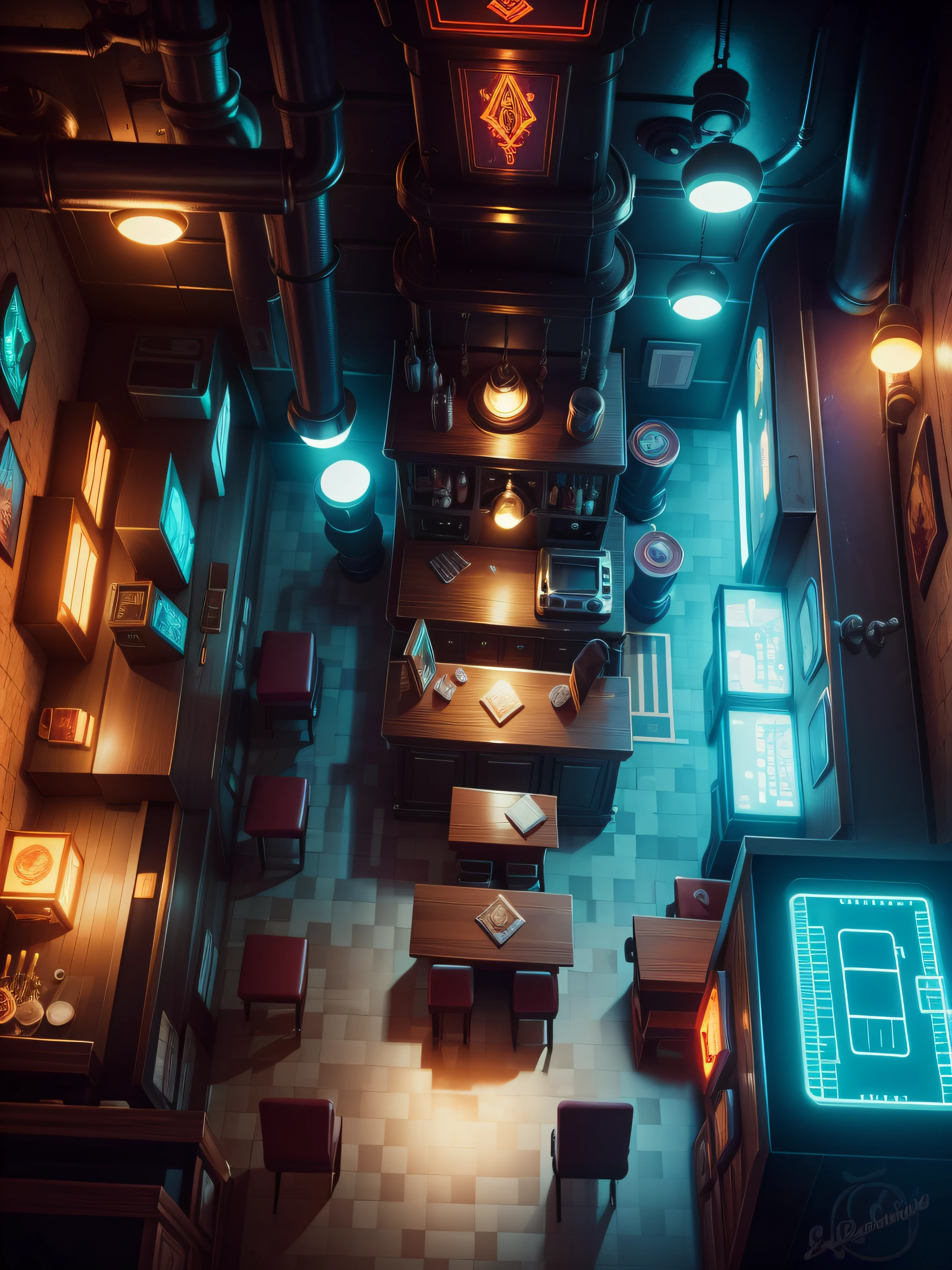From above，looking from above，Positive perspective，Cyberpunk speakeasy background, diner background, Bar background, tavern background, Mobile game background, fantasy tavern background, lounge background, Showcase, personal room background, 1128x191 resolution, upscale restaurant,