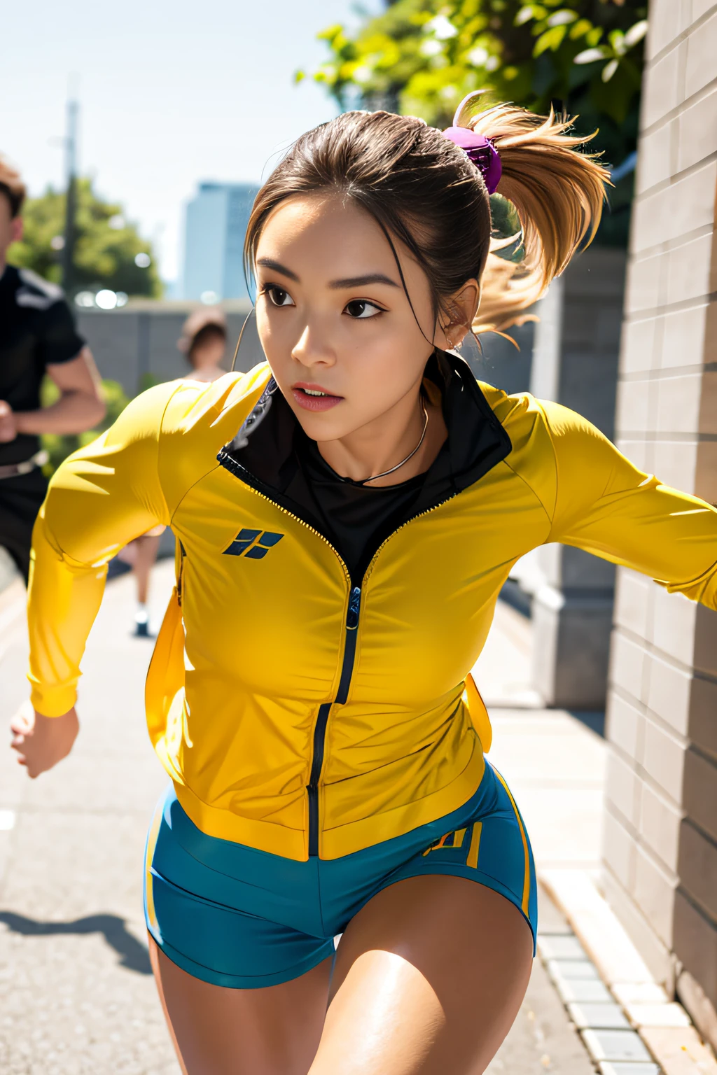 1 girl, solo, running, Gray Track Top, pink shorts, ponytail, athletic build, dynamic brushstrokes, fluid movement, capturing the essence of her athleticism and energy, using light colors and soft tones to create a dreamy and ethereal atmosphere, portraying the motion and grace of running, showing the wind blowing her ponytail and clothes, and the scenery of her surroundings.

outdoors, detailed background, Modern metropolis,