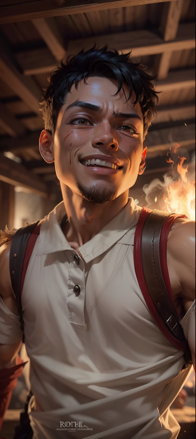 1boy, wanostyle, monkey d luffy, smiling, straw hat, looking at viewer, solo, upper body, ((masterpiece)), (best quality), (extremely detailed), depth of field, sketch, dark intense shadows, sharp focus, soft lighting, hdr, colorful, good composition, fire all around, spectacular, closed shirt, anime screencap, scar under eye, ready to fight, black eyes