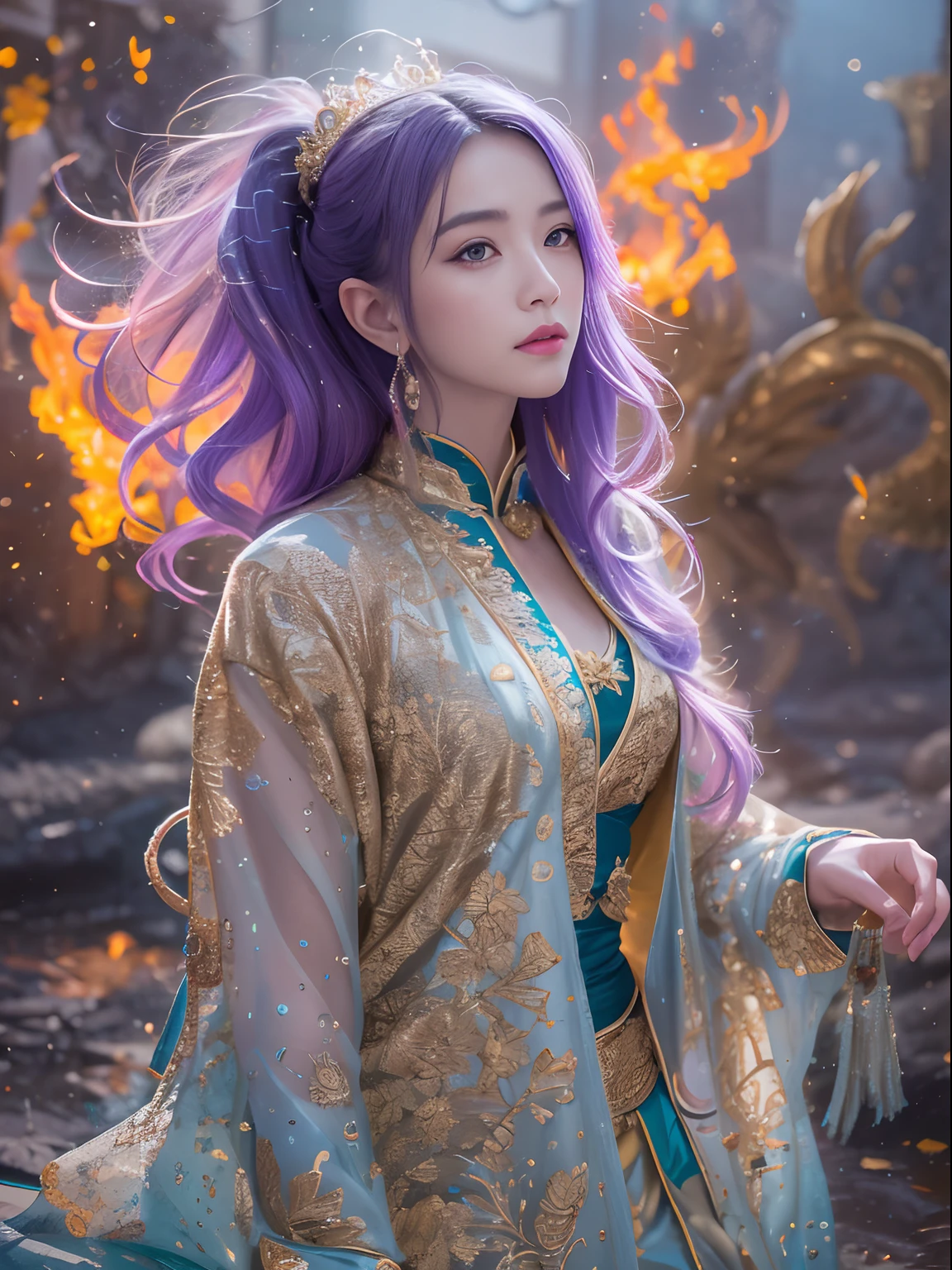 32K（tmasterpiece，k hd，hyper HD，32K）Long flowing bright purple hair，Autumn Pond，zydink， a color，  Asian people （Silly girl）， （Silk scarf）， Combat posture， looking at the ground， long whitr hair， Floating bright purple， Fire cloud pattern gold tiara， Chinese long-sleeved gold silk garment， （abstract ink splash：1.2）， smoky background，Lotus protector（realisticlying：1.4），Bright colorful hair，Smoke on the road，The background is pure， A high resolution， the detail， RAW photogr， Sharp Re， Nikon D850 Film Stock Photo by Jefferies Lee 4 Kodak Portra 400 Camera F1.6 shots, Rich colors, ultra-realistic vivid textures, Dramatic lighting, Unreal Engine Art Station Trend, cinestir 800，Long flowing bright purple hair