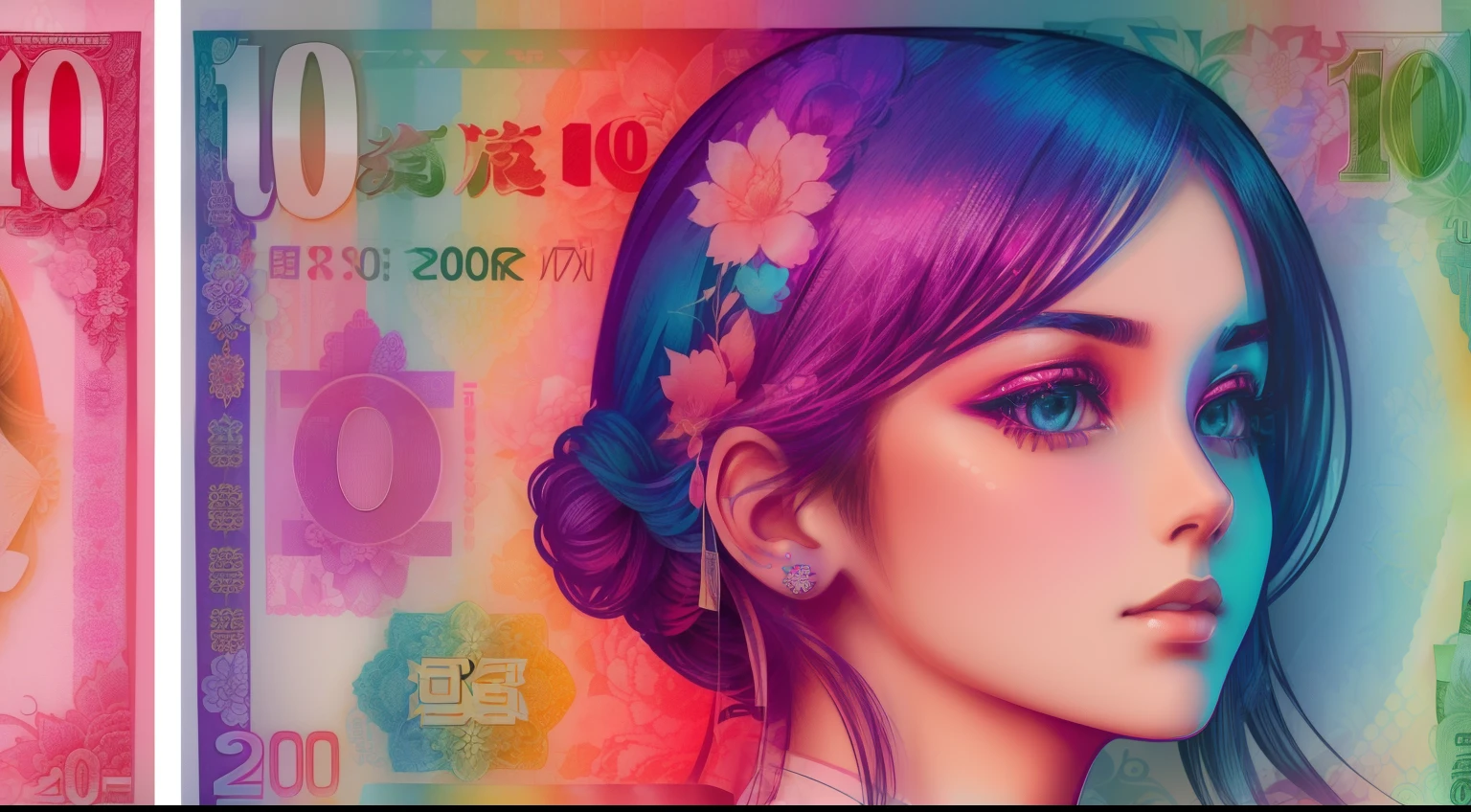 (( Dollar，There are pictures of beautiful women on them )) Style - banknote style, vivd colour, Full chromatography, Color theory, (((Complete 120 yuan banknote))), ((( Girl stroke ))), Extremely detailed, intricatedesign,Atmospheric lighting, absurderes,elaborate detail, (Masterpiece), 2K, Complete banknotes --auto