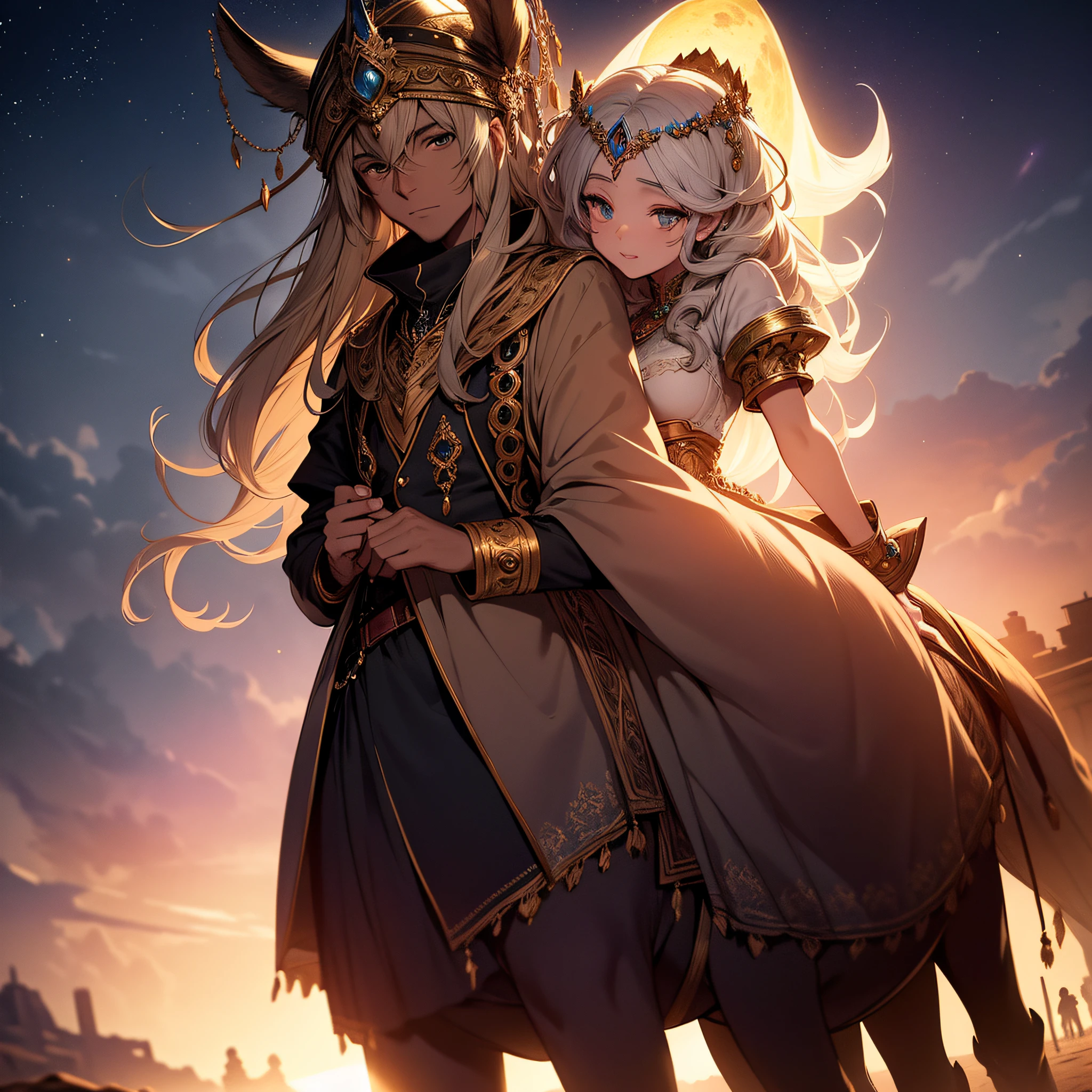 It depicts a scene of a prince and princess traveling on a camel in the desert on a moonlit night in a hazy haze. (Best quality), (masterpiece:1.3), ultra-detailed, Detailed drawings. Vivid colors. High image quality. unity 8k wallpaper, highly detailed cg, ray tracking, sharp shadows, great detail, depth of field, super detailed background,