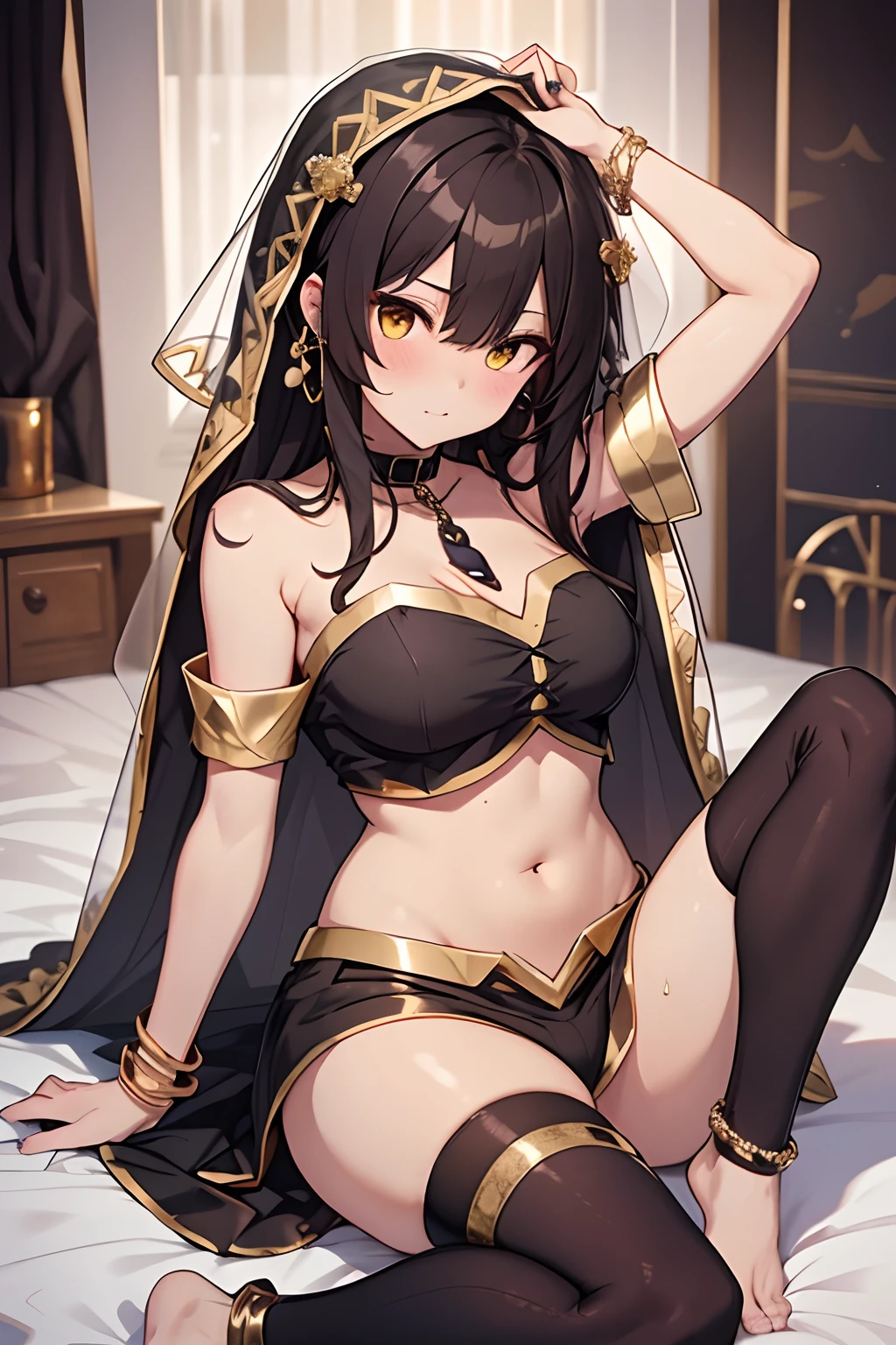 megumin, kono subarashii sekai ni shukufuku wo!, masterpiece, best quality, ultra-detailed, 1girl, solo, looking at viewer, (curvy:1.1), large breasts, black hair, long hair, hair over one eye, (wavy hair:1.1), yellow eyes, , (breasts apart:1.3), groin, (pasties:1.3), neck ring, armlet, bracelet, (thighlet:1.2), (white veil:1.2), (hair ornament:1.1), navel piercing, (chain:1.1), (gold:1.3), (gold trim:1.2), rose, sweat, spread legs, sitting, arm up, full body, anklet, barefoot, on bed