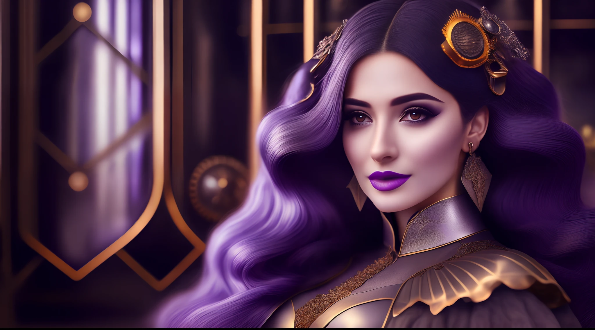 (highly detailed photo:1.1), 8k, photorealistic, insanely detailed:1.5), (highest quality)Surrealist steampunk Goddess of Industry. Beautiful young woman with  intelligent expression and a grin on her face, light make-up, long wavy dark purple hair, dark grey eyes, dress made with gears and metallic pieces in bronze, silver and black, silver boots. Industrial background. Realistic ray traicing.