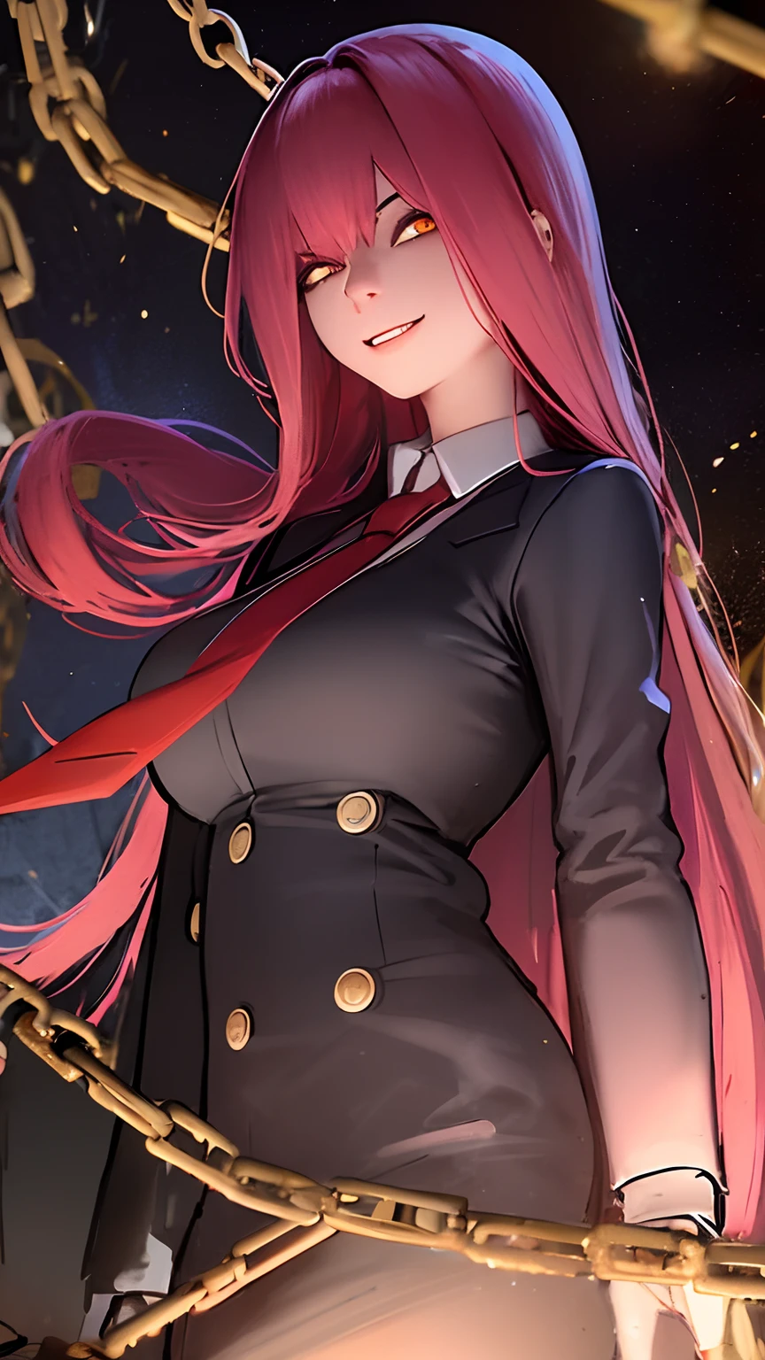 makima \(chainsaw man\), best quality, ultra detailed, 1girl, solo, standing, red hair, long braided hair, golden eyes, bangs, medium breasts, white shirt, necktie, stare, smile, (evil:1.2), looking at viewer, (interview:1.3), (dark background, chains:1.3)