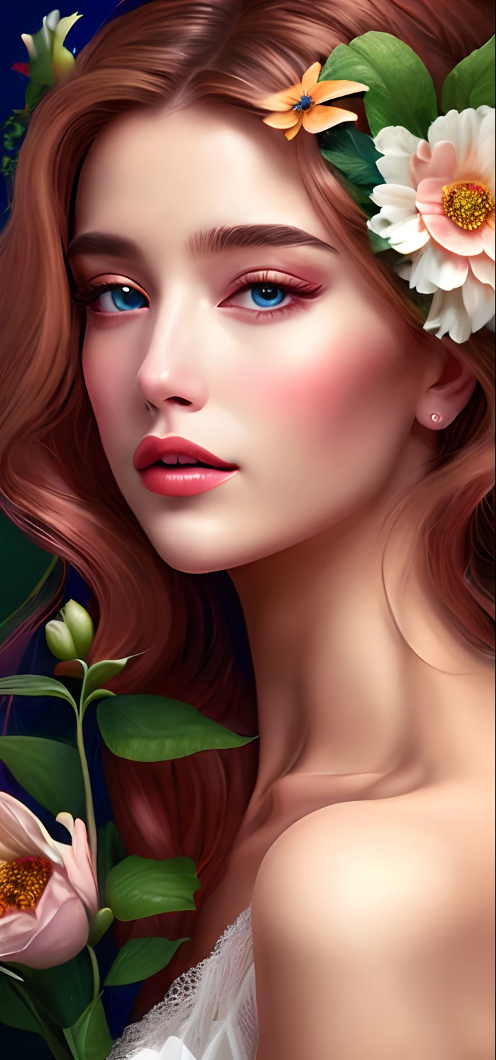 Una pintura de una mujer con flores en el pelo, Pintura de bello, Hermosa pintura digital, gorgeous digital painting, exquisite digital illustration, Arte de pintura digital, Elegante pintura digital, Hermoso arte UHD 4 K, Magnificent digital art, Hermosa pintura de personajes, Imagen de arte digital, Hermoso y hermoso arte digital, Estilo de pintura digital, Impresionante pintura digital, Hermoso arte digital, beautiful digital illustration