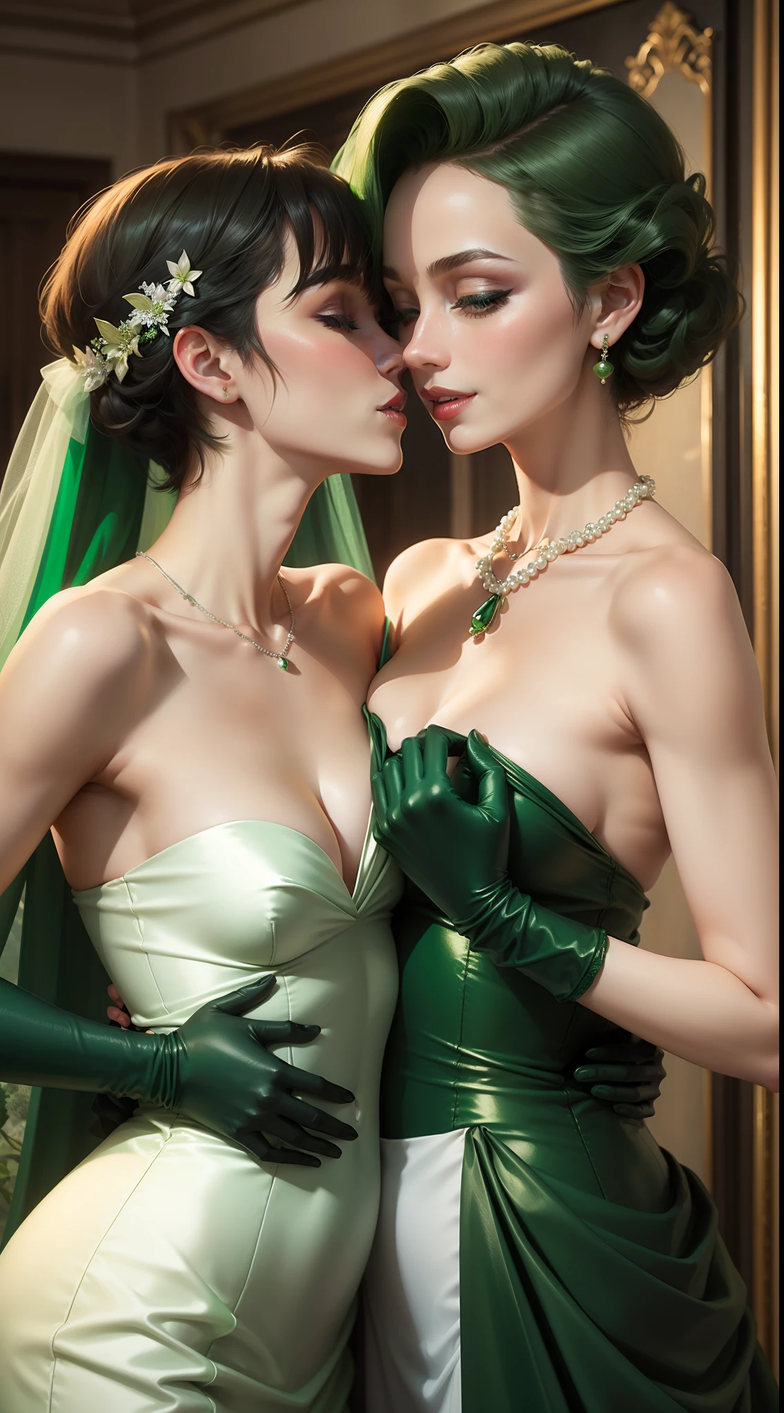 Green Pearl Necklace, Satin green long gloves, lipsticks, Shorthair, satin, Green dress, bride, the kiss, A smile, Green Opera Grove