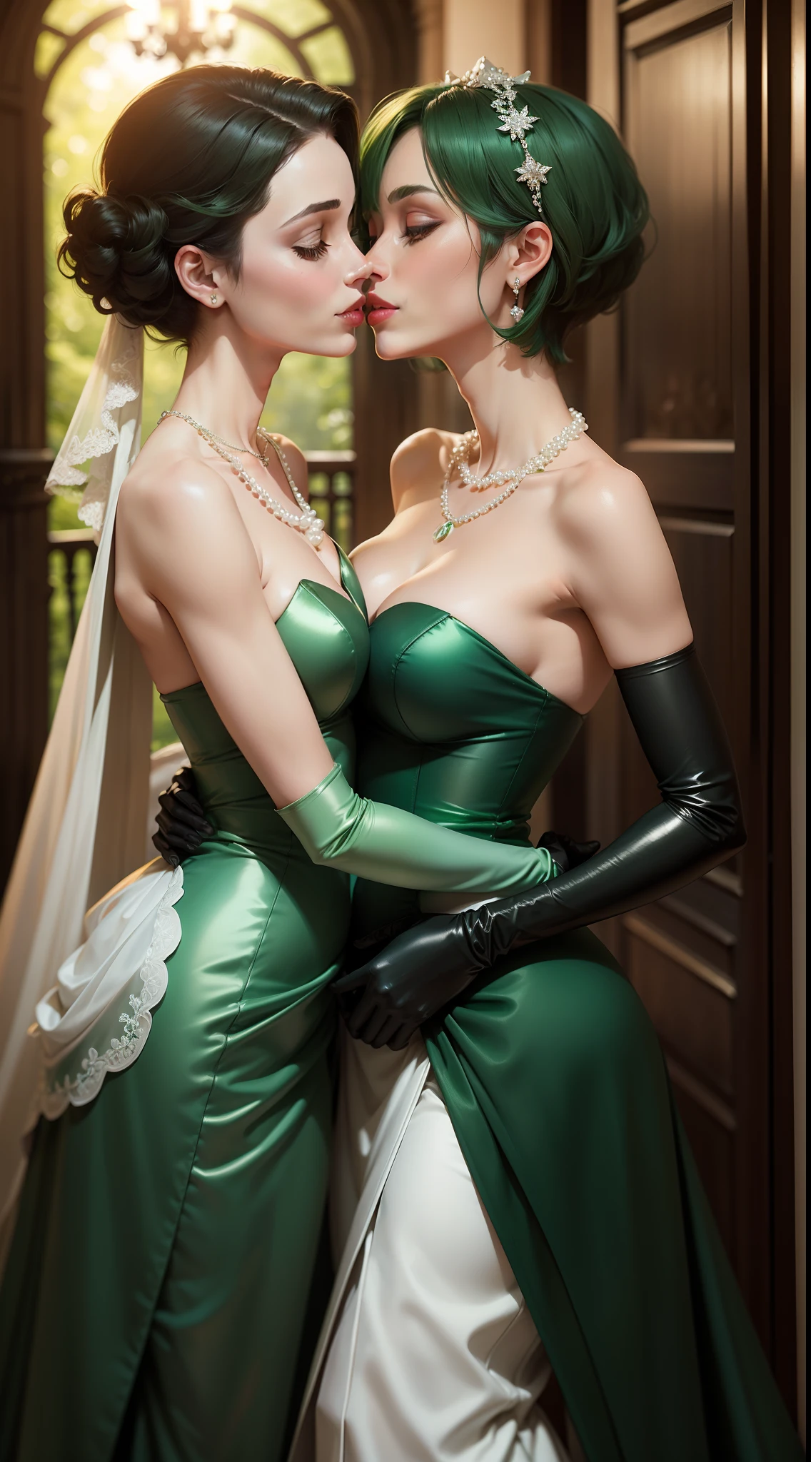 Green Pearl Necklace, Satin green long gloves, lipsticks, Shorthair, satin, Green dress, bride, the kiss, A smile, Green Opera Grove