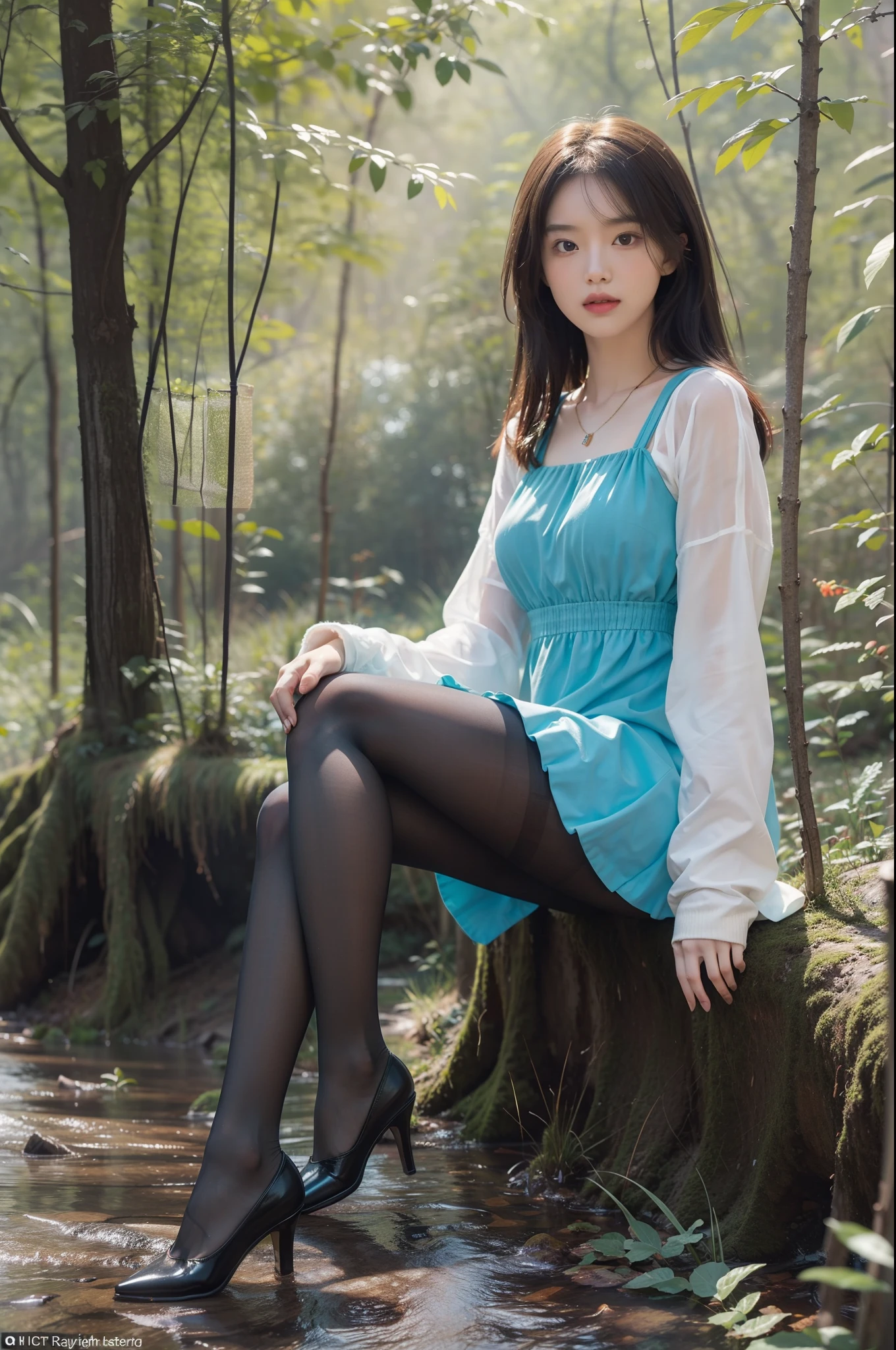 Adolescent girls,Plain appearance,Marble bench,an osmanthus tree,autumnal,Light rain,eventide,NOhumans,A few tall street lamps,A osmanthus petal fell before her eyes