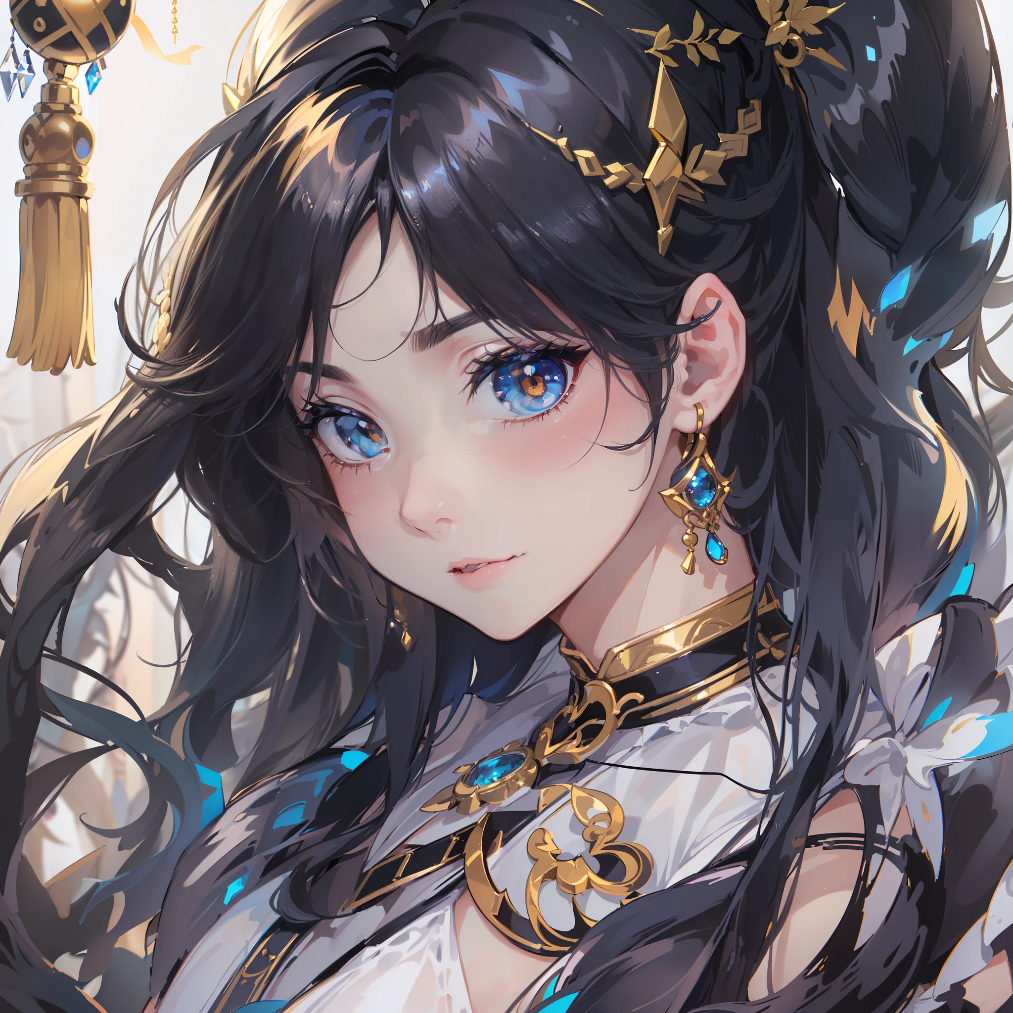 ・((Original Characters)): (An ardent advocate of adventurers、hestia)
・((Volume Lighting)): (A mysterious aura softly illuminates her jet-black hair and dress)
・((Best Shadows)): (Deep in the eyes、Gaps in the hair、Subtle shadows falling on her fingertips express her depth)
・((Shallow depth of field)): (The scenery of Orario in the background is blurred around her.、Hestia's presence is emphasized)
・((portlate)): (Delicate and delicate expression、Facial features between youth and maturity)
・((Hair styles)): (Jet black long twin tails、Some are braided and fastened with hair ornaments)
・((makeups)): (Fine eyeliner and mascara to highlight her big eyes)
・((garments)): (Characteristic blue ribbon on white dress。Delicate lace-decorated hem extends to the ankles)
・((Background with)): (Market of Orario、Guildhall、Deities々Quiet areas of spread out in the background, etc.)
・((accessorized)): (Thin bracelet of golden color、Hair ornament)
・((the pose)): (Warm eyes watching over adventurers、Various forms of expressing the movement of emotions with fingertips)
・((Fingertip expression)): (Delicate and well-groomed fingertips。No rings or finger accessories)
・((Number of fingers)): (Just like a normal human being、I have five fingers in each hand.、10 in total)
・((Quality and Detail Evaluation)): (High detail that mixes her dignity as a god with her unique charm:1.25)
・((Character Type)): (独奏:1.3)
・((Overall impression)): (Supporting the Adventurers' Minds、Passionate and affectionate goddess)