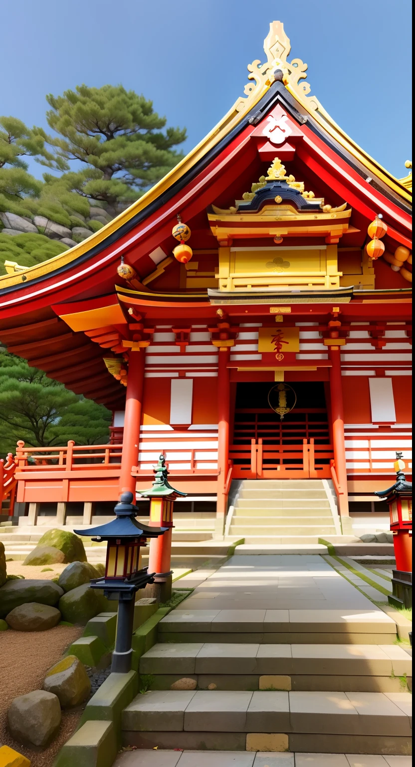 Close-up of the red and yellow building and the stairs leading to it, Angle from the front, altar, Shrine of Japan, kyoto inspired, ancient japanese architecture, japanese heritage, japanese architecture, inspired by Sesshū Tōyō, traditional japanese, kyoto, inspired by Itō Jakuchū, shrines, traditional japanese colors,