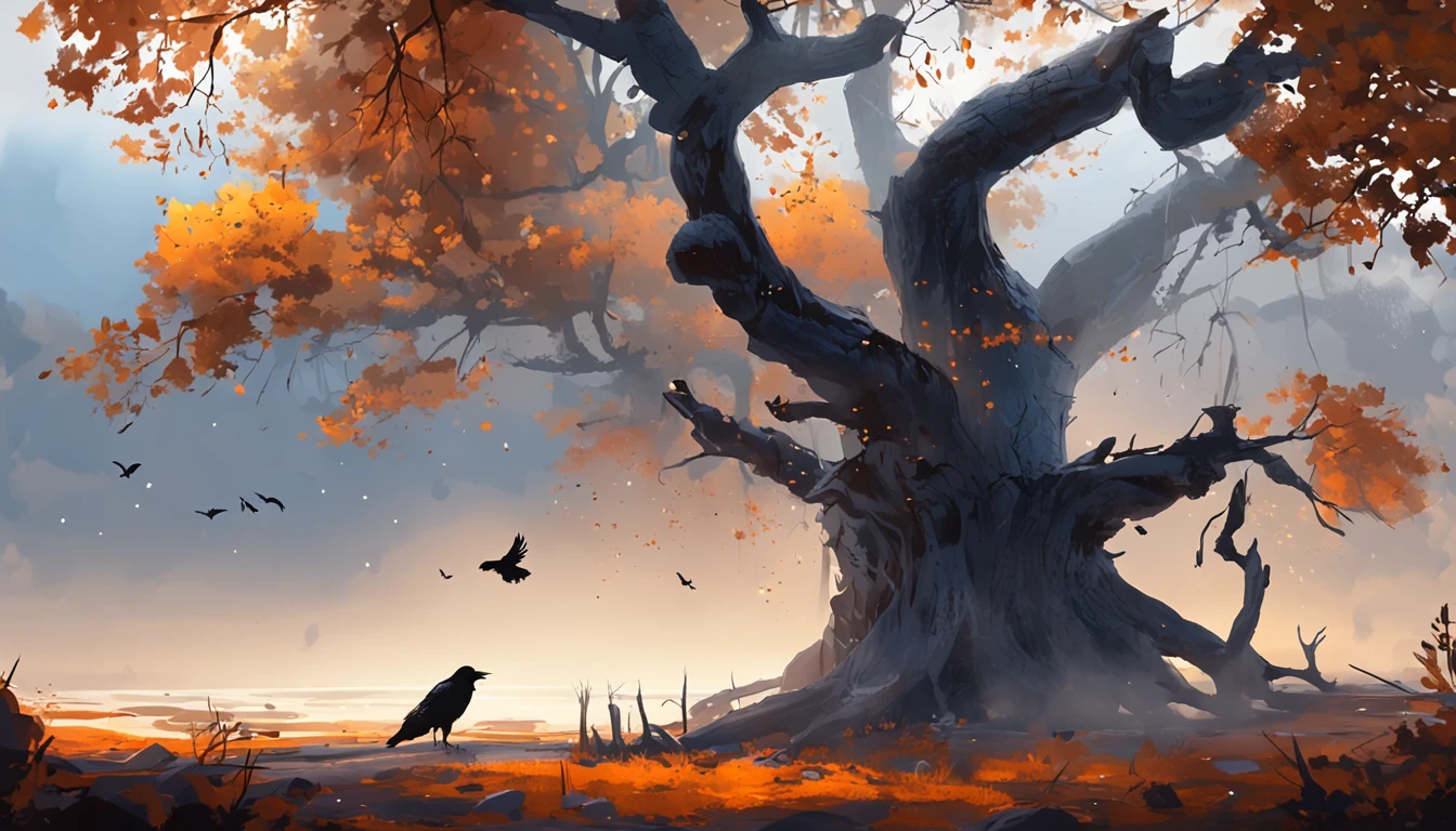 Two crows on a dead tree, A shadow shaped like a walker, Starry night, Thick fog on the ground, Blue light on the horizon, Unreal Engine 5, Cinematic, low angle photography, Motion blur, Depth of field, Dust, Cobblestones and dirt. Splash Art, dripping paint. Perfect color grading. Influenced by Karel Appel and Jeremy Mann, Full of dramatic and threatening scenes, Hyper-detailed, Beautiful, insanely details, Intricate details, editorial photography, shot with a 50mm lens, Depth of field, Tilt Blur, Shutter speed 1/1000, f/22. Lightmaps, Super bright