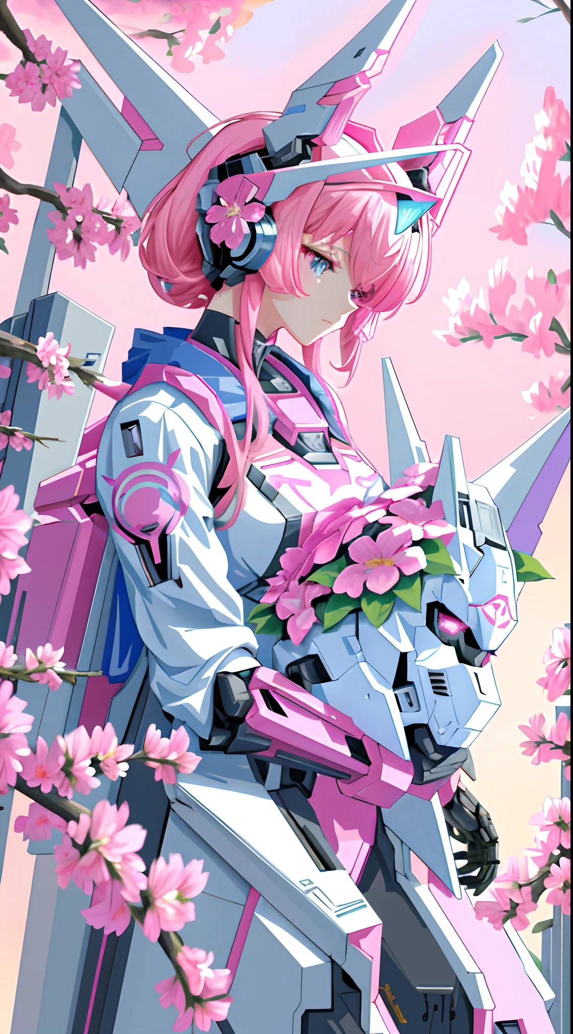 there is a close up of a robot with pink flowers on it, anime mecha aesthetic, ethereal and mecha theme, best anime 4k konachan wallpaper, many mech flowers, mecha asthetic, anime wallpaper 4 k, anime wallpaper 4k, 8k high quality detailed art, anime robotic mixed with organic, 4k anime wallpaper