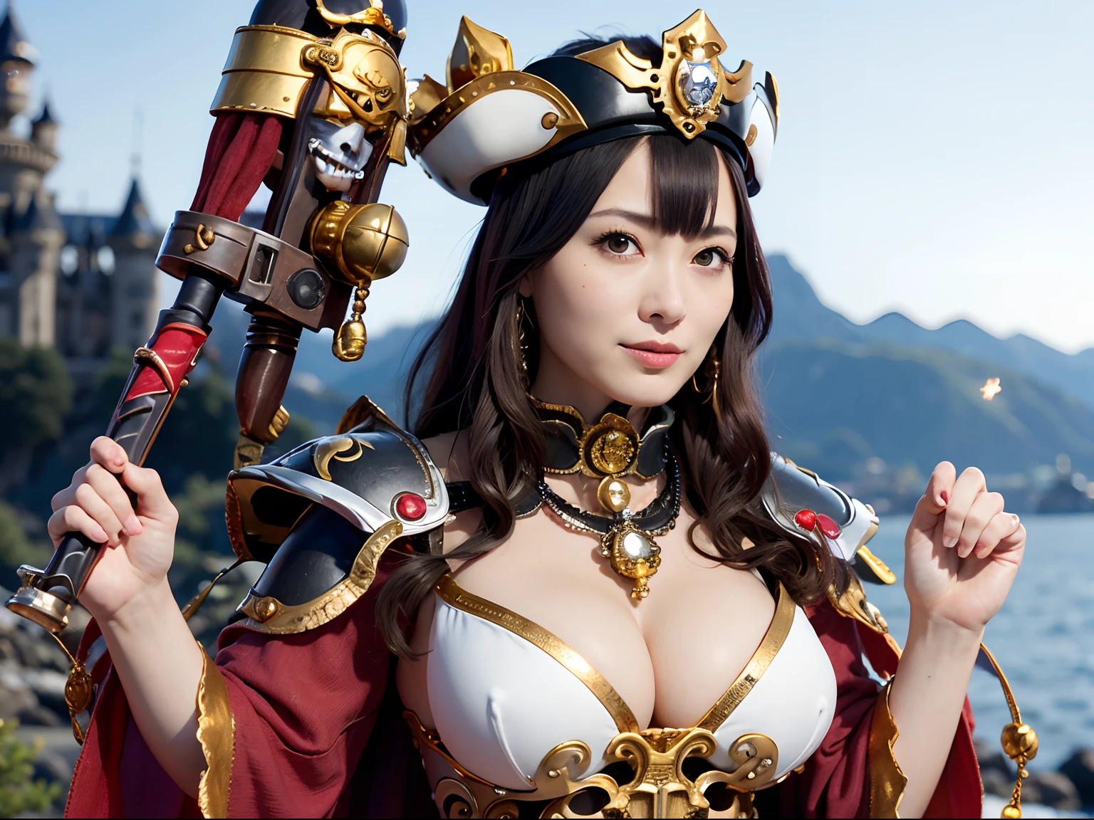 (masutepiece), Professional , masterpiece、top-quality、photos realistic , (Gemstone Silver Metal Body:1.9),(Matte White、(Put on a pirate hat)、Jewel Gold Weapon(Jewel Metal Body:1.4),Gorgeous metal weapons , Detailed Sword of the Brave , Beautiful knife ,warhammer 40k , The port town、adepta sororitas,Detail and ornate jewel crown、Black hair、Gangle's forest background、Beautiful Caucasian beauty、1a person、dynamic ungle,(((Detailed and ornate diamond crown)))、Smaller head、A smile、Take a sexy pose、Background inside the castle、Thin and beautiful female hands、cleavage of the breast、Soldier in iron armor on background、Man soldier in iron armor on background、Sea view、Pirate Ship、Woman or stand in the center、Lots of pirate ships、Luminescent particles,light scattering,Tindall Effect