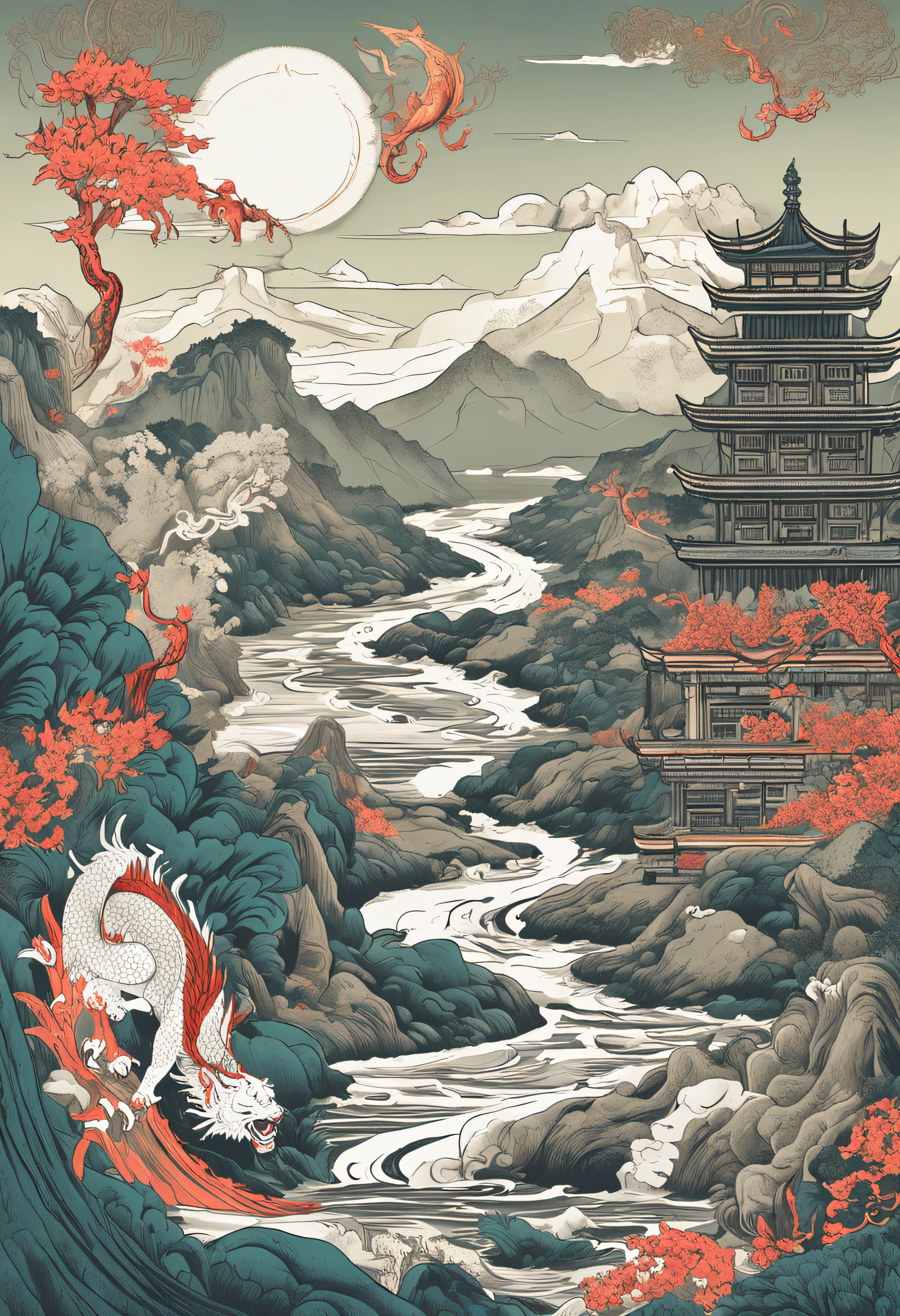 Yamakawa，rios，Sun，Mountain and Sea Lark Scroll，Ancient mythology of the Mountain and Sea Sutra，mythological beasts，Xuanwu，Suzaku，the white tiger，Green Dragon，Shirasawa，Kunpeng，Epic composition，shadowing，National style