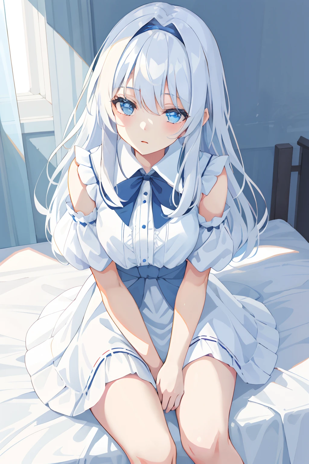 On a very large white bed, white pillows, White light, There is one girl, Sit on the bed, Wearing a white princess dress, White stockings, A blue bow is tied around the waist, There is a blue band on the wrist, blue color eyes, long  white hair, Delicate facial features, Beautiful and moving, (Vivid depiction), single braid, chromatic aberration, reflection light, UHD, masterpiece, super detail, high details, best quality