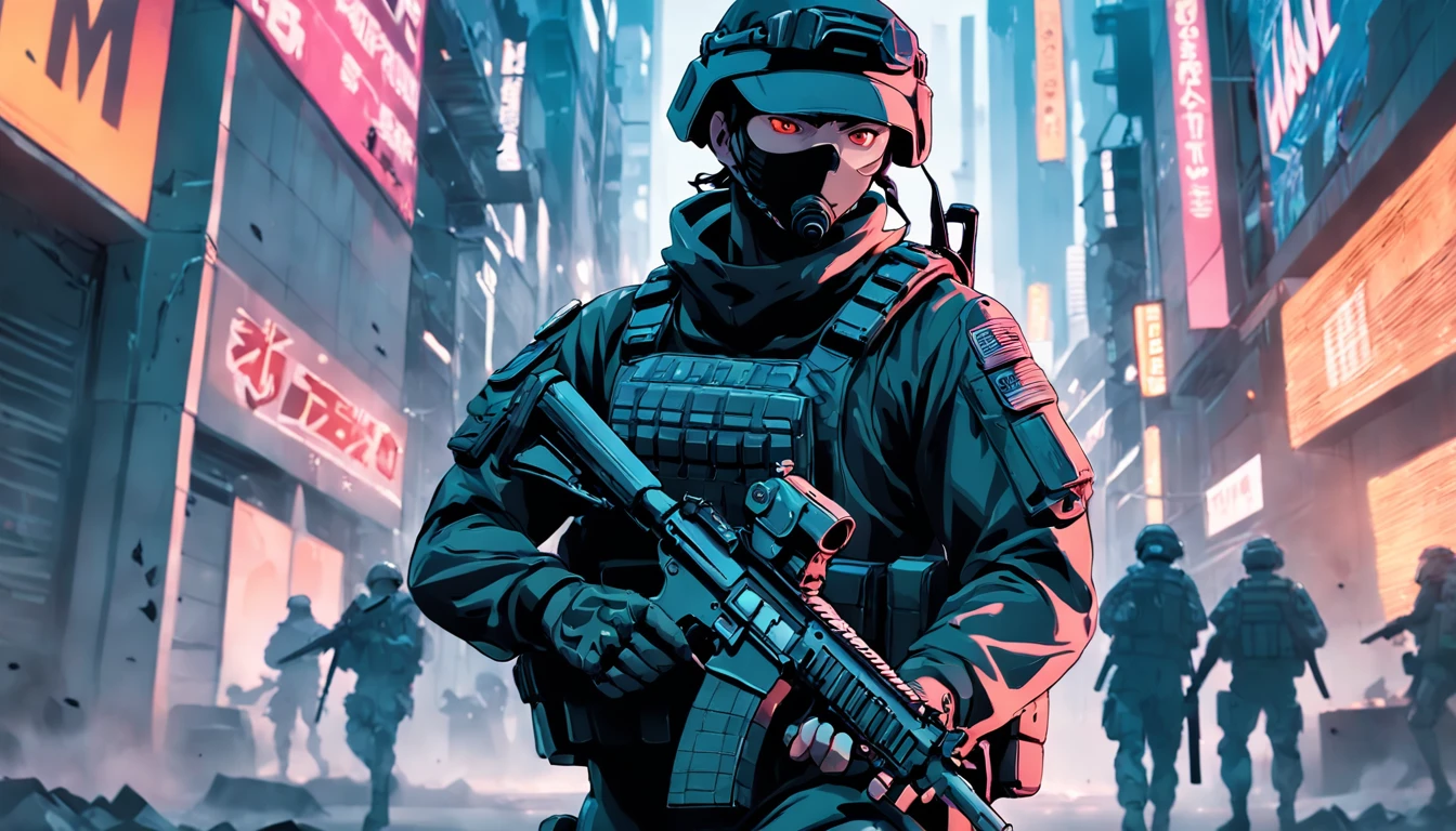 a cyber high tech runing soldier holding a m416 rifle, call of duty poster text behind the soldier, warzone style