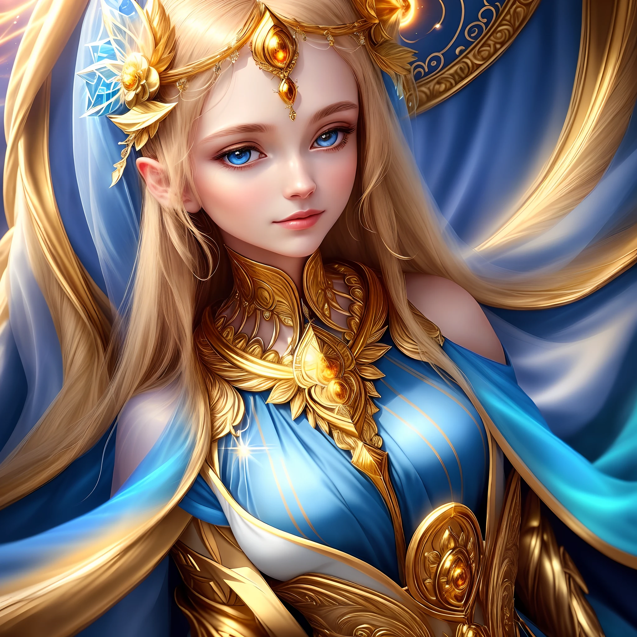 Close-up of a woman dressed in gold and blue, glowing angelic being, Goddess of Light, celestial goddess, portrait of queen of light, Extremely high detail, portrait of a cosmic goddess, glowing golden aura, ethereal angelic being of light, beautiful faery sorceress, a stunning portrait of a goddess, Fantasy Woman, extremely detailed goddess shot