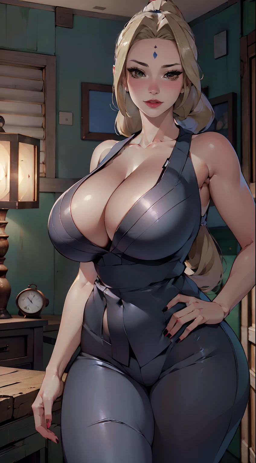 (8k, RAW Photo, Best Quality, Masterpiece:1.2), Ultra Detail, Super Resolution, (Realistic, Realistic Photo:1.37), Portrait, High Detail RAW Color Photo, Professional Photo, Extremely Detailed and Beautiful, Extremely detailed, 8k wallpaper, amazing and detailed, huge file size, official art, 1girl, 40 nches breasts, solo, forehead mark, blonde hair, brown eyes, cleavage, long hair, ponytail,dress, pants,nail polish, beautiful face, perfect eyes,