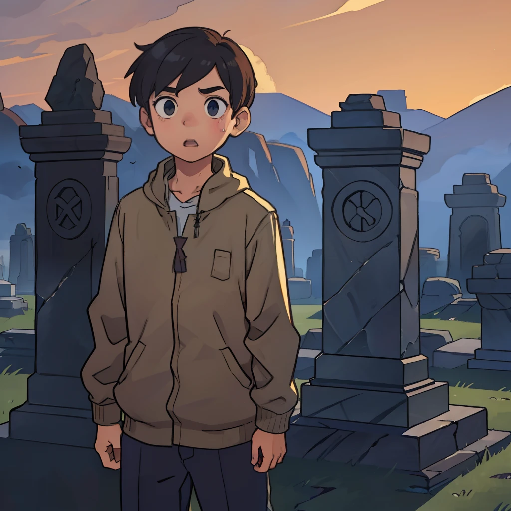 A boy,shocked expression,There are huge stone monuments around,The character is centered,Frontal display