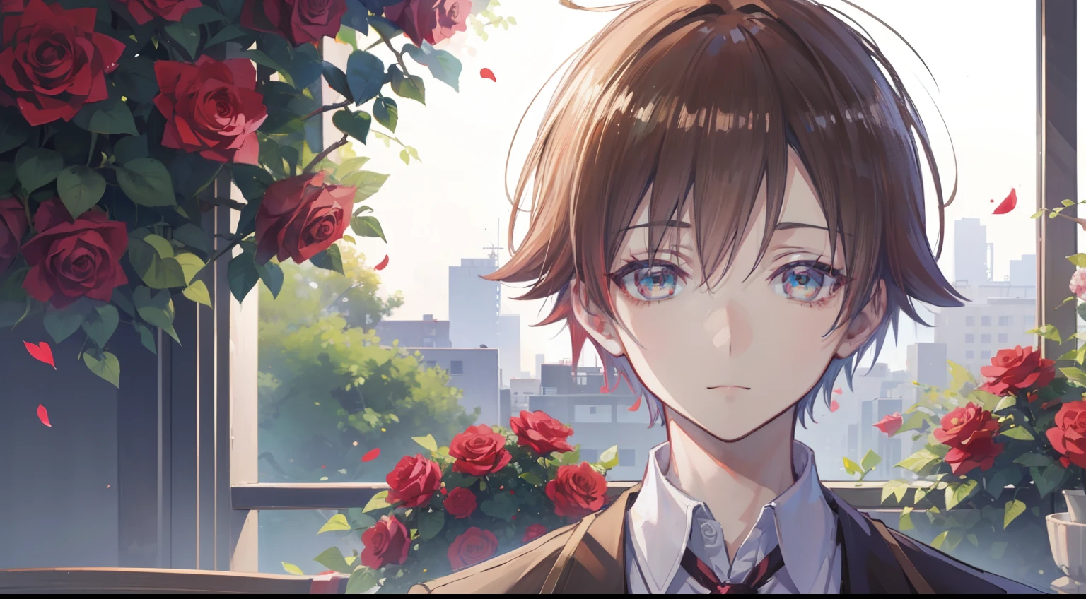 (masutepiece),1boy ,Ayakoji, Cool hair, Beautiful eyes ,Holding a bouquet of roses, looking at view, Portrait,Quiet smile ,Party Balloon ,roses ,super detailed,Half body details, front