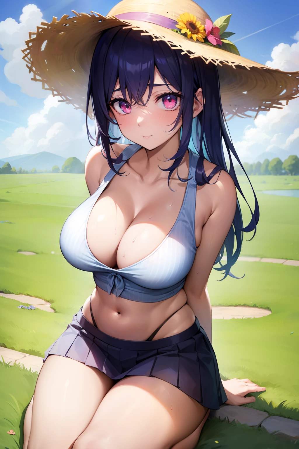 Detailed face, Long eyelashes, Detailed eyes, (Pink eyes: 1.3),largeeyes (Dark blue hair: 1.2),The chest is 36D,Slim, and huge hips,The chest is large,From a positive perspective,grassy fields,rays of sunshine,ventania,with blue sky and white clouds,There is love in the eyes,Put your hands behind your back,Kneel on the grass,Clean neck, Pleasant, Sweat,Wear a short shirt,Very short pleated skirt,With a straw hat,Exposed shoulders,exposing her chest,Exposing the abdomen,The reveal panties,nabel,leges