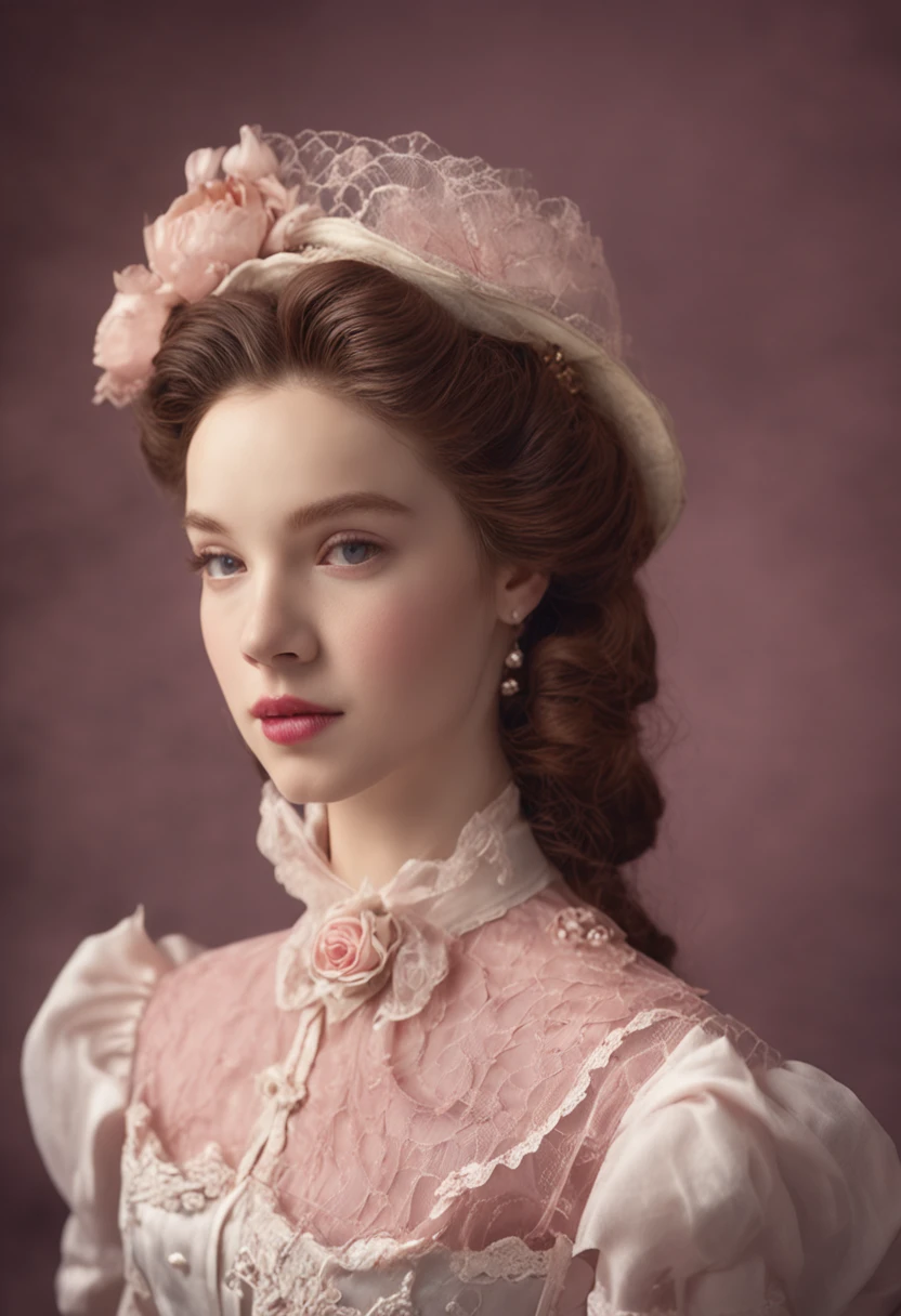 Young pretty girl in Victorian style、 1. **lo fashion**: Victorian fashion is characterized by dressy and elegant design。Ruffles and laces、corsets、Try incorporating elements such as long dresses。 2. **hairstyle on**: Women's hairstyles in the Victorian era are often complex and delicate。Upstyling and curling、It is also a good idea to add ribbons and floral ornaments to the hair.。 3. **Features**: Girl's facial features with soft features、Beautie、kawaii、Beautiful 5. **accessorized**: Accessories played an important role in the Victorian era。Hats、项链、gloves、umbrellas, etc.、By drawing accessories with attention to detail、You can give your character personality。 Nice dress、florals、Luxurious costumes、pink there、PastelColors