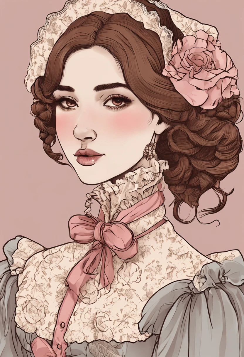 Young pretty girl in Victorian style、 1. **lo fashion**: Victorian fashion is characterized by dressy and elegant design。Ruffles and laces、corsets、Try incorporating elements such as long dresses。 2. **hairstyle on**: Women's hairstyles in the Victorian era are often complex and delicate。Upstyling and curling、It is also a good idea to add ribbons and floral ornaments to the hair.。 3. **Features**: Girl's facial features with soft features、Beautie、kawaii、Beautiful 5. **accessorized**: Accessories played an important role in the Victorian era。Hats、项链、gloves、umbrellas, etc.、By drawing accessories with attention to detail、You can give your character personality。 Nice dress、florals、Luxurious costumes、pink there、PastelColors
