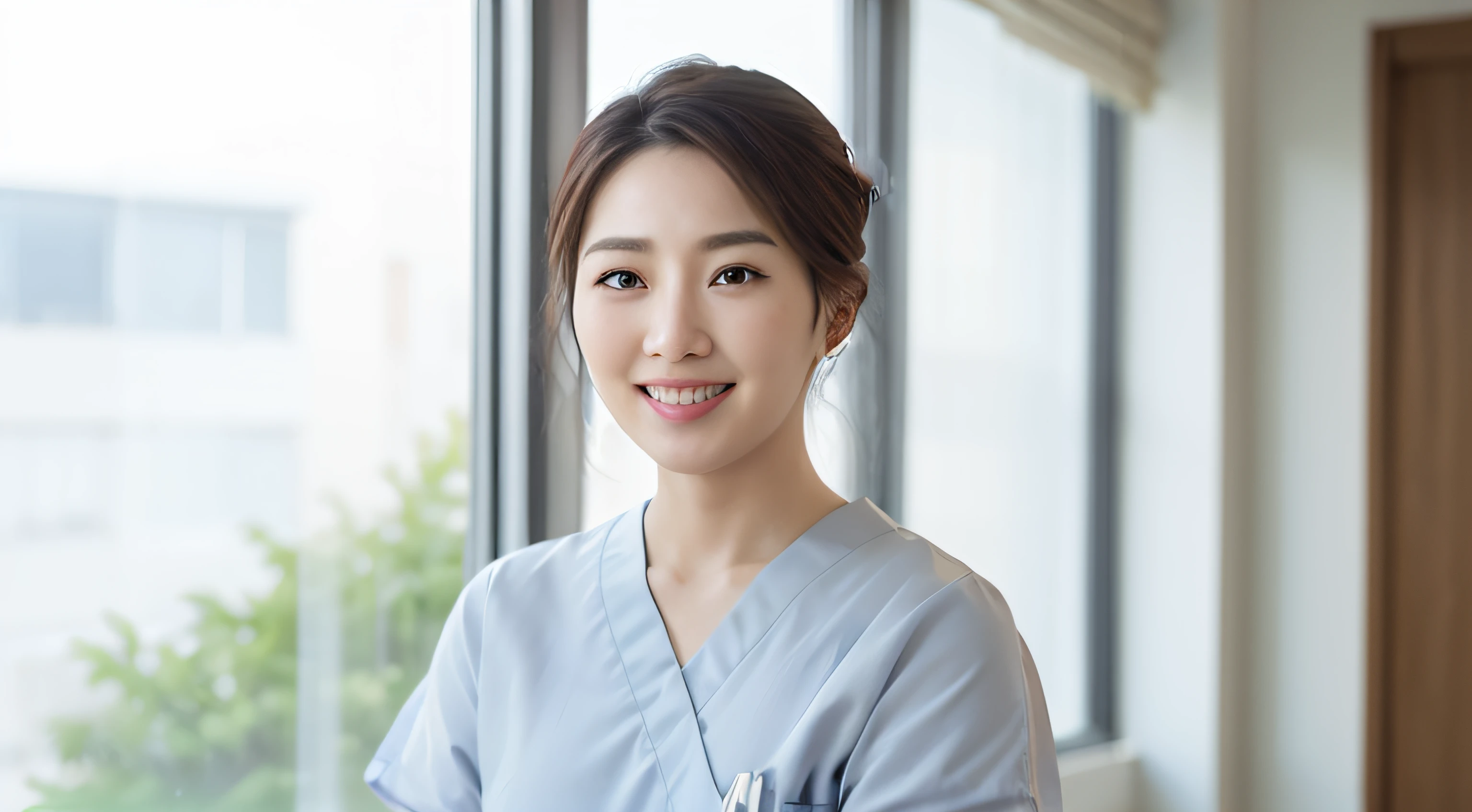 Smiling woman in scrub standing in front of window, profile, Korean Woman, healthcare worker, beautiful Korean women, Gorgeous young Korean woman, Beautiful young Korean woman, shin min jeong, Korean Girl, Choi Hong Hwa, jaeyeon nam, asian female, jiyun chae, a young asian woman, taejune kim, surgical gown and scrubs on, welcoming grin