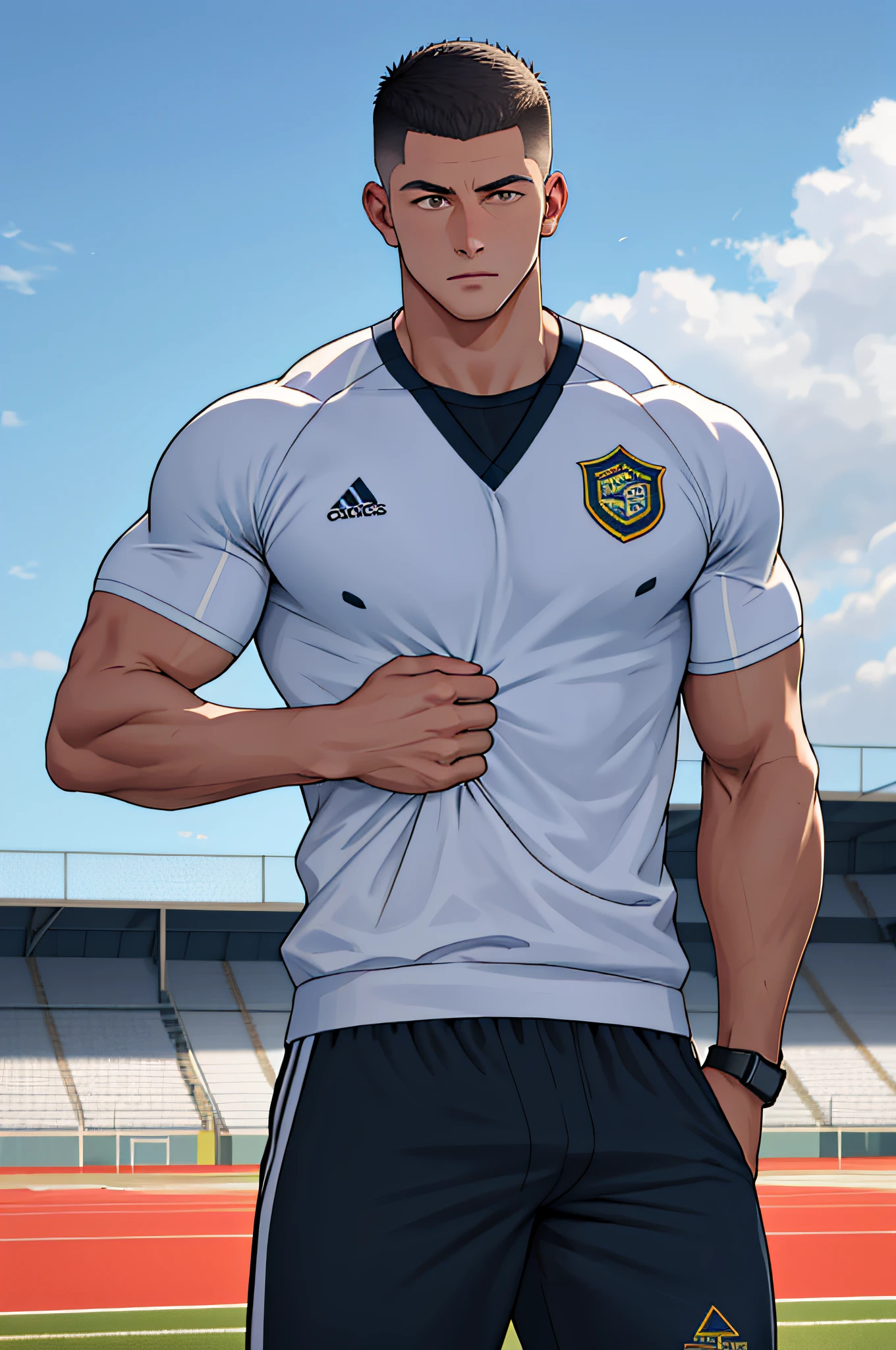 Draw a full-fledged athlete，Stand on the central field of the gym，He wears high-end sportswear，The man looks confident and determined，looking-down，Crew cut，full bodyesbian，shooting from below，