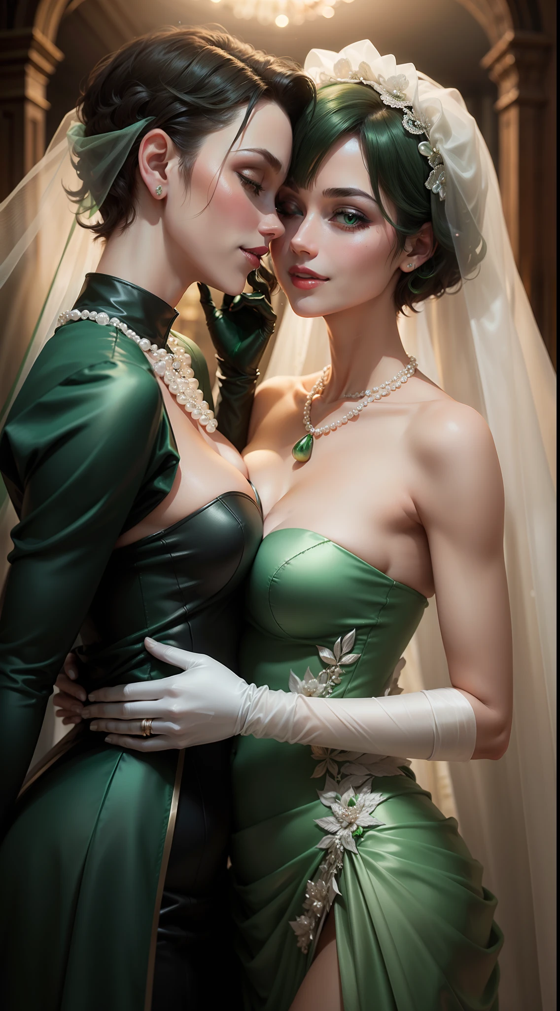 Green Pearl Necklace, Satin green long gloves, lipsticks, Shorthair, satin, Green dress, bride, the kiss, A smile, Green Opera Grove