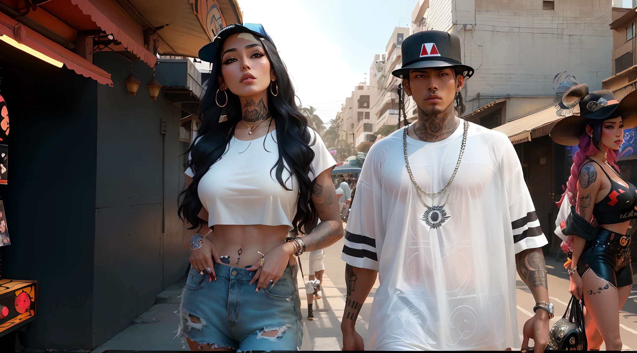 araffe and a woman walking down a street with a man in a hat, official music video, music video, modeling for dulce and gabanna, shady, wearing shipibo tattoos, tyler edlin and natasha tan, standing in front of lowrider, latinas, video, jordan grimmer and natasha tan, youtube video screenshot, nostalgic 8k