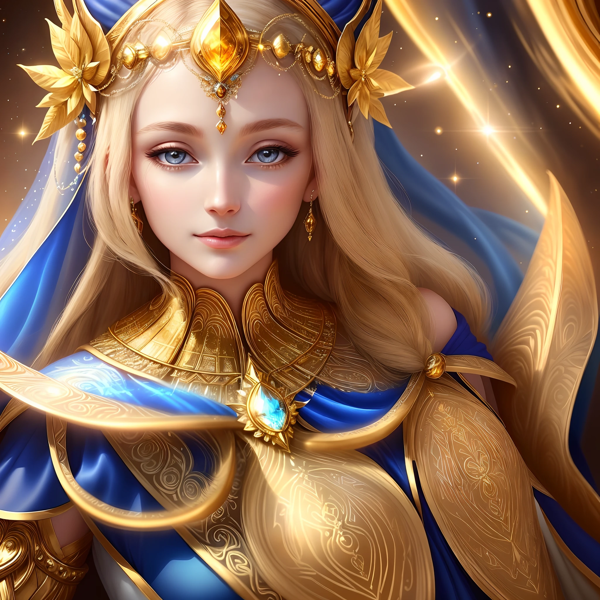 Close-up of a woman dressed in gold and blue, glowing angelic being, Goddess of Light, celestial goddess, portrait of queen of light, Extremely high detail, portrait of a cosmic goddess, glowing golden aura, ethereal angelic being of light, beautiful faery sorceress, a stunning portrait of a goddess, Fantasy Woman, extremely detailed goddess shot