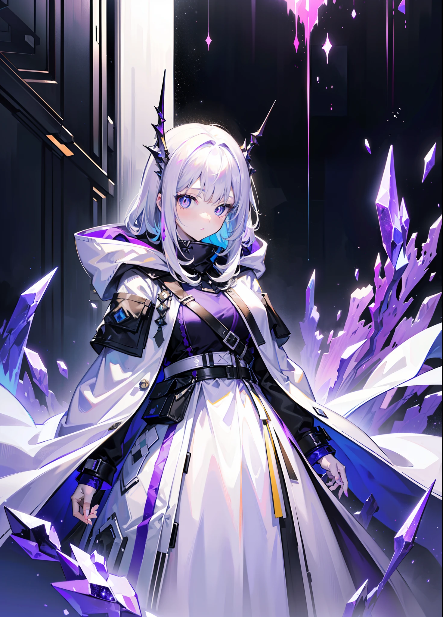 (tmasterpiece,best qualtiy,style of anime,a sense of atmosphere,higher details,cg render,Standing painting,Ray traching,From Arknights,sci-fy)(whaite hair,long white hair,Purple pupils,White hooded cape,Cover the whole body,Non-juveniles)(The background is a huge purple space)(There are purple crystals around)
